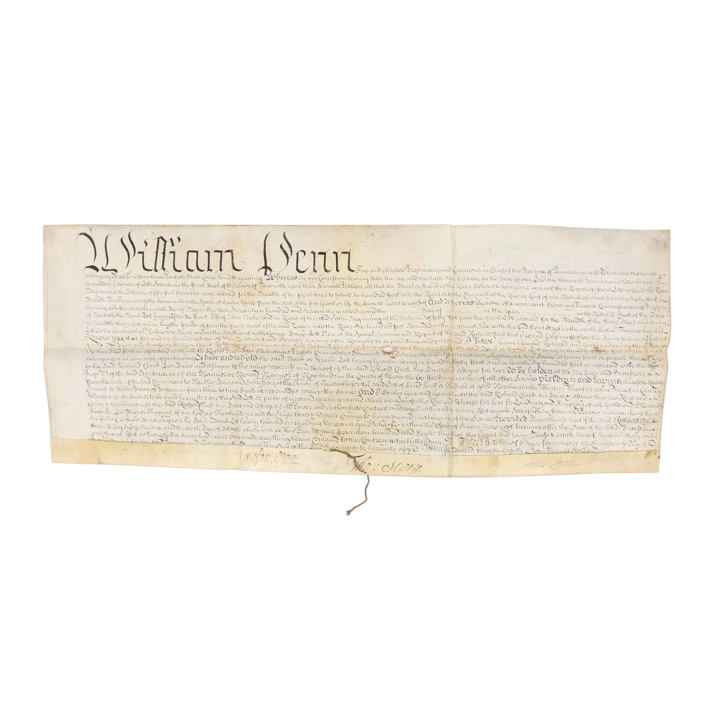 William Penn Land Grant For "The Strand" in New Castle, Delaware, 1708