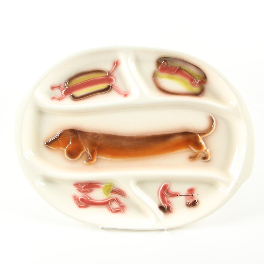 Lane & Co. Ceramic Dachshund and Hot Dog Motif Platter, Mid-Century