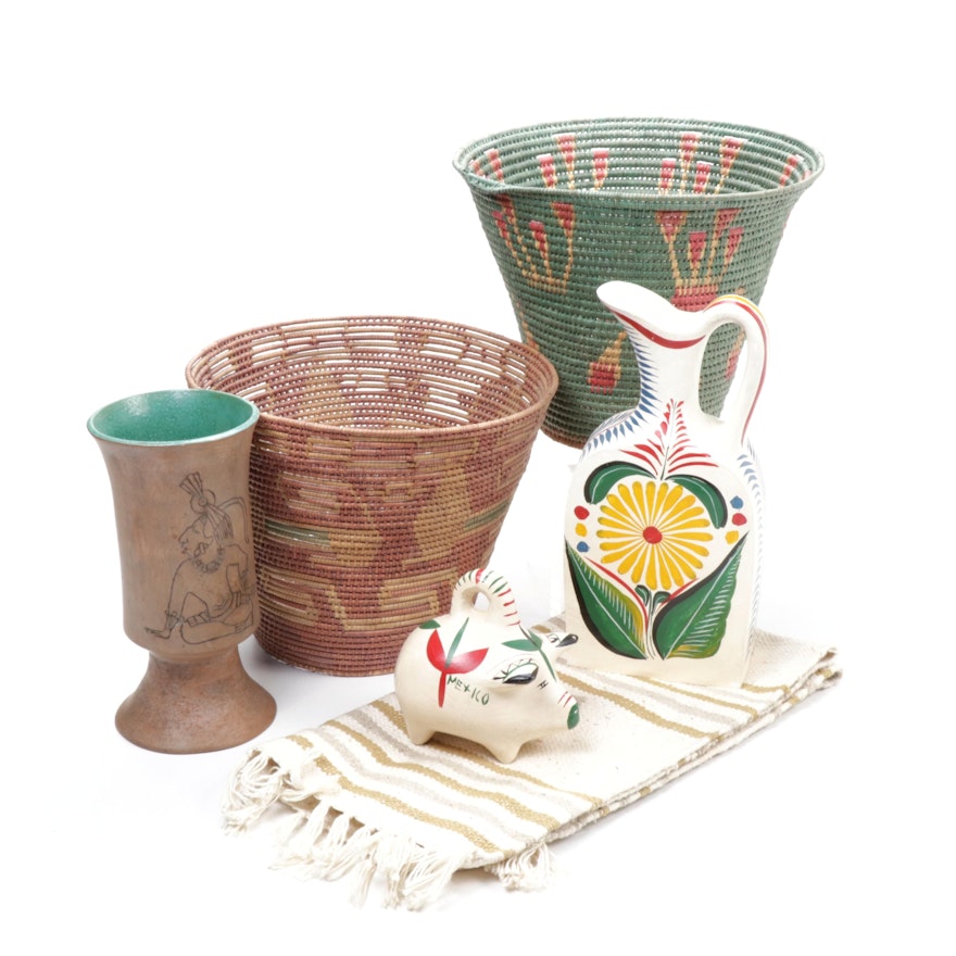 Mexican Baskets, Hand-Painted Pitcher and Handwoven Accent Rug