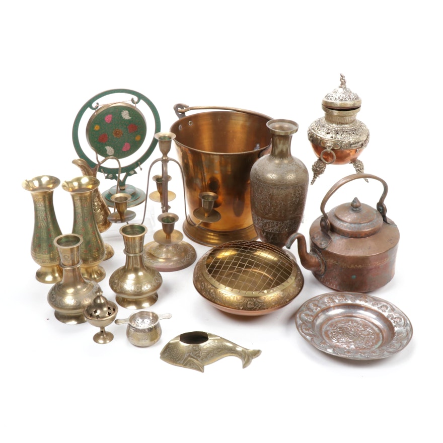 Indian Etched Brass and Copper Censers, Vases, and Ceremonial Items, 1970s