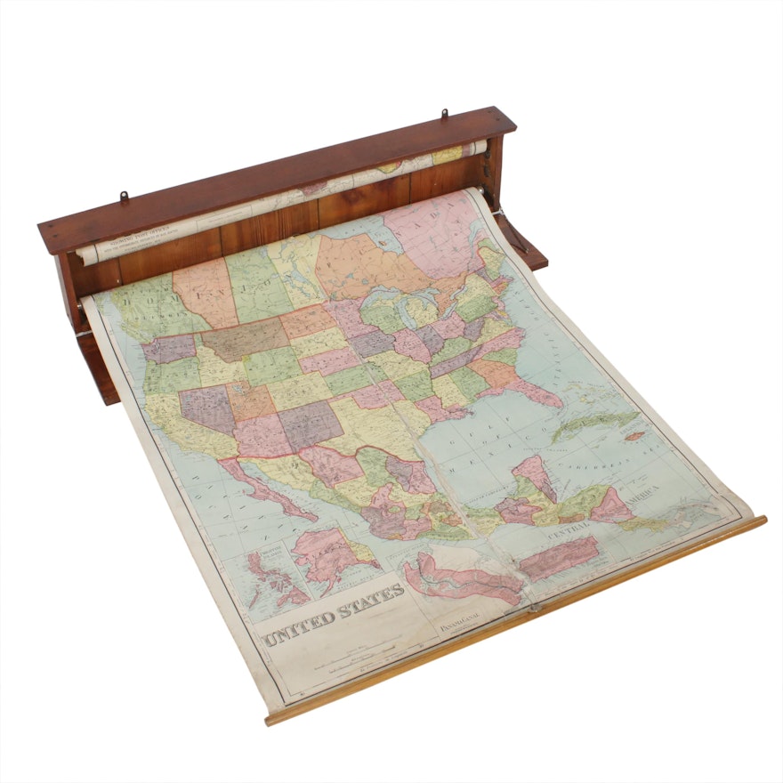 Oak Wall Mounted School Map Case with US and Ohio Maps, circa 1920