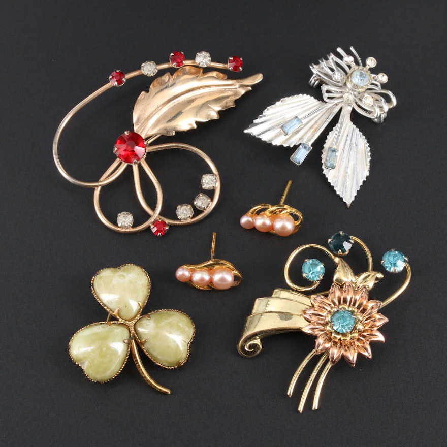 Vintage Brooches and Earrings With Glass and Pearl