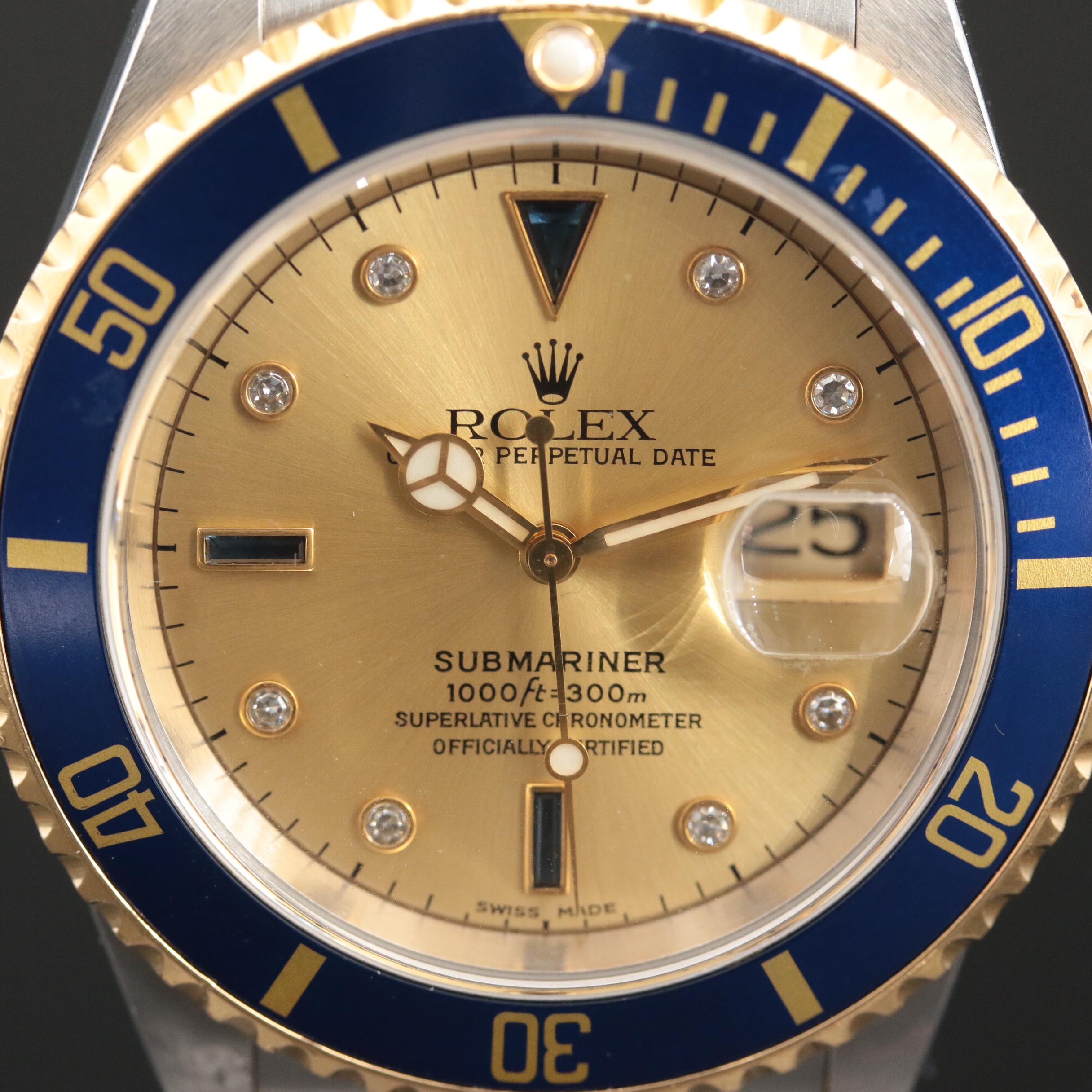 Rolex 18K Submariner Watch with Serti Dial, Diamonds and Sapphires, 1999