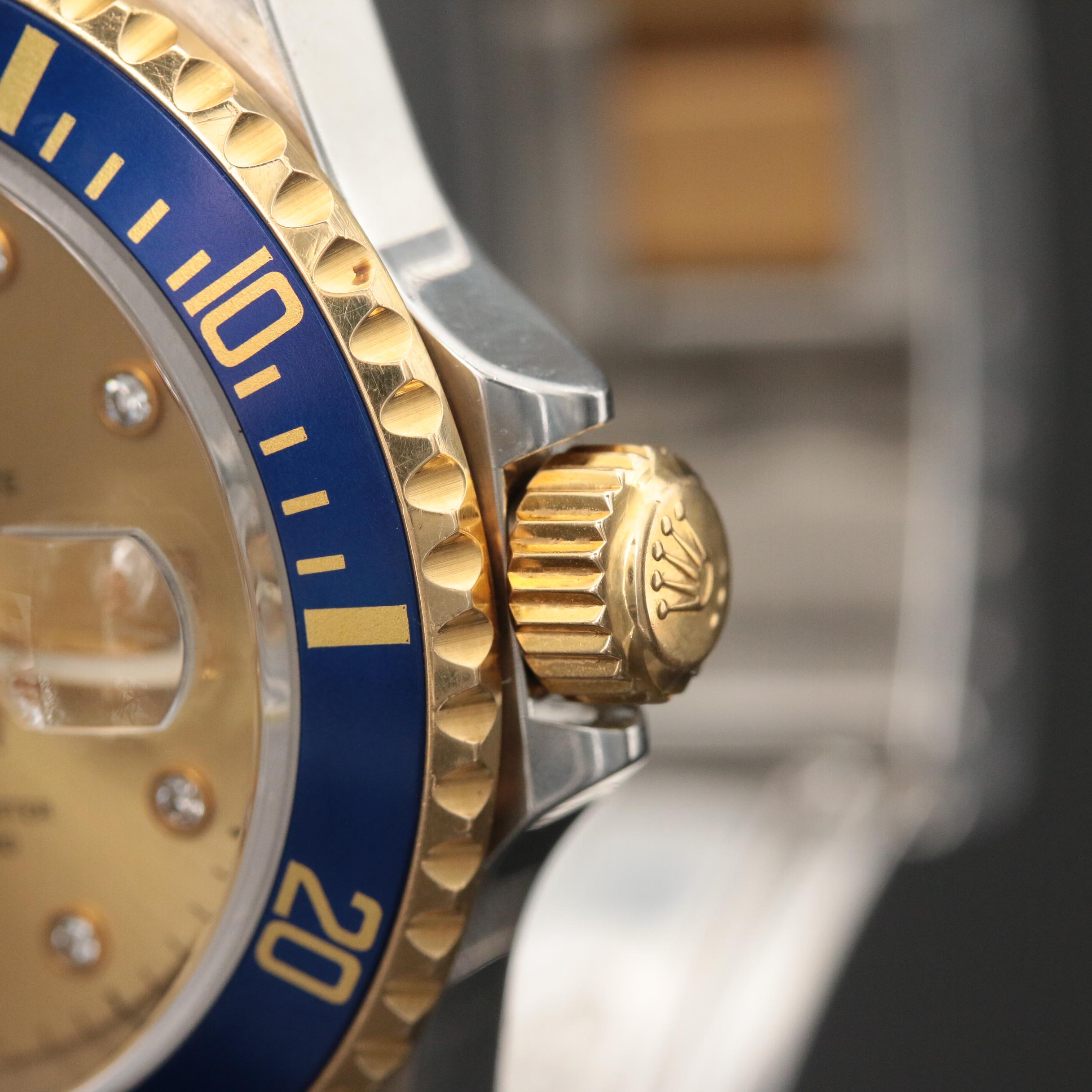Rolex 18K Submariner Watch with Serti Dial, Diamonds and Sapphires, 1999