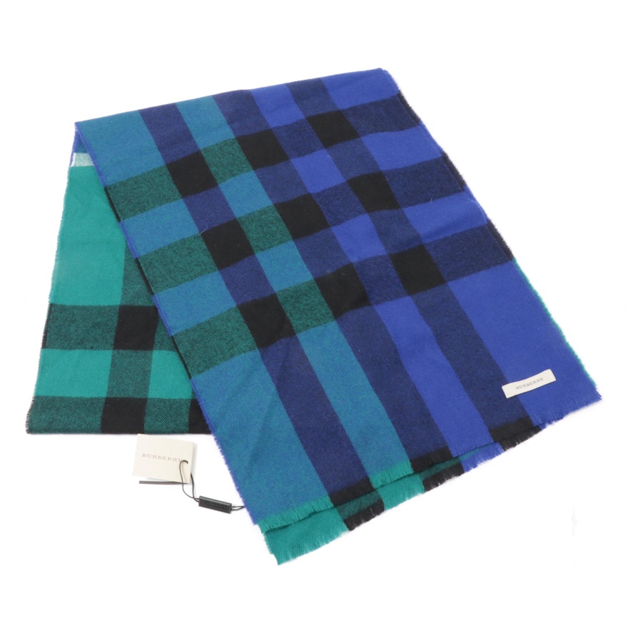 Burberry Blue Color Block Check Wool Shawl
