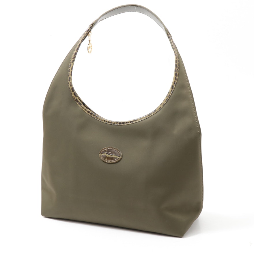 Longchamp Canvas Hobo Bag with Embossed Leather Trim