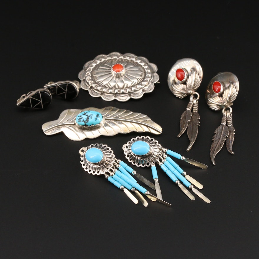 Southwestern Style Sterling Coral and Turquoise Earrings and Brooches