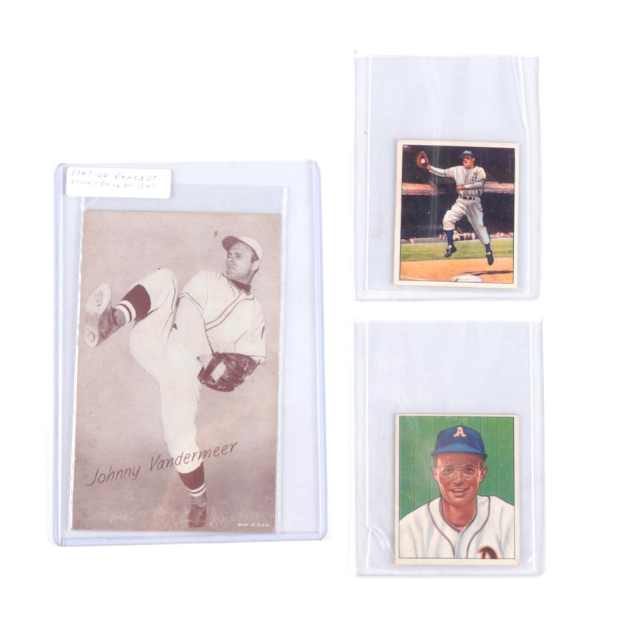 1947 Johnny Vander Meer Exhibit with 1950s Bowman Baseball Cards, Vintage