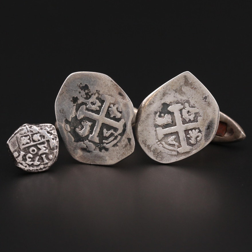 Sterling Silver Cufflinks with Reproduction Spanish Colonial Silver Cob Coins