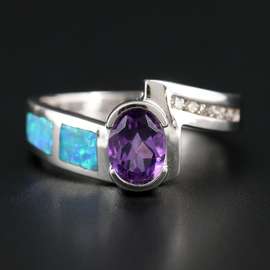 14K White Gold Amethyst, Opal and Diamond Ring