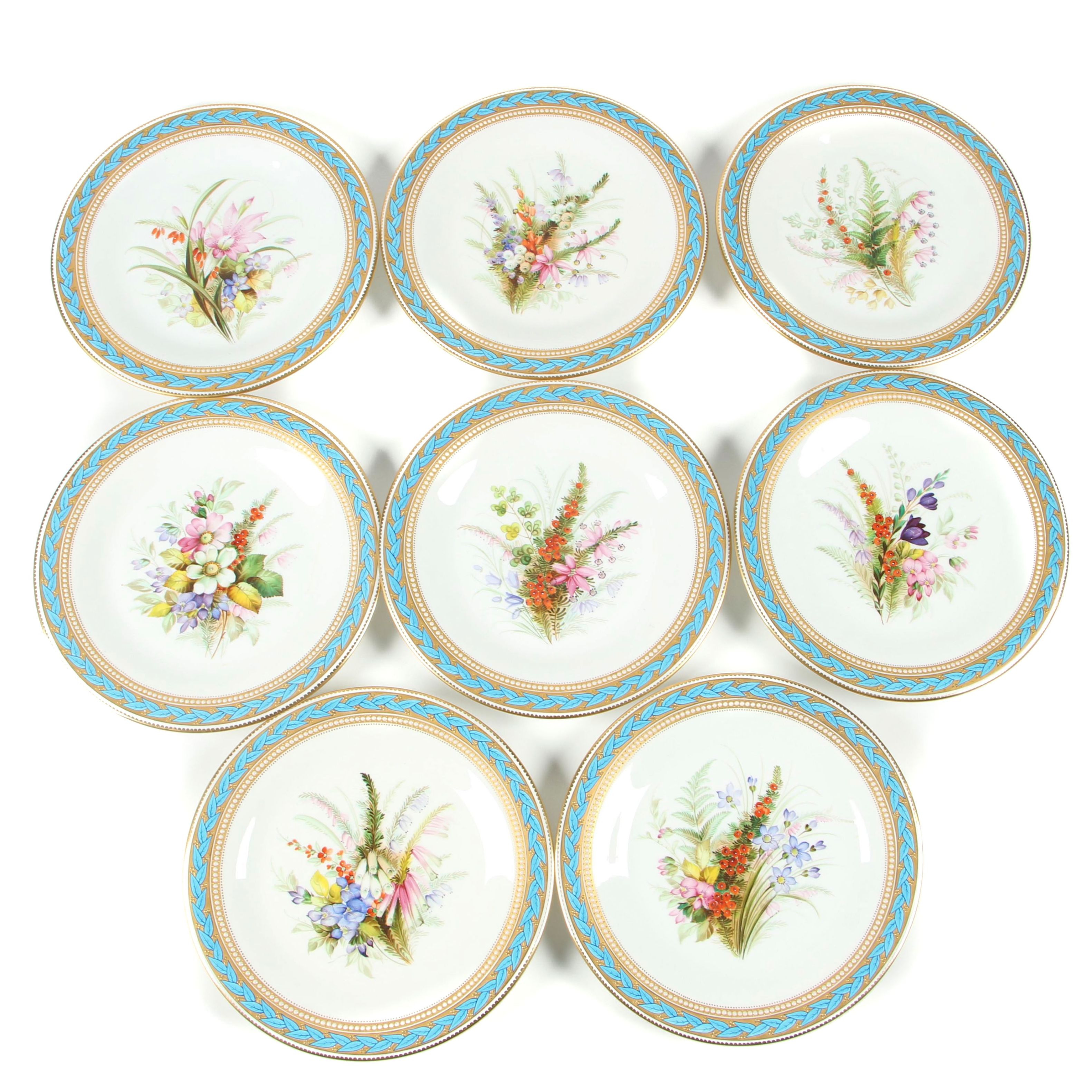 Royal Worcester Porcelain Luncheon Plates with Gilded Blue Laurel Trim, 1950