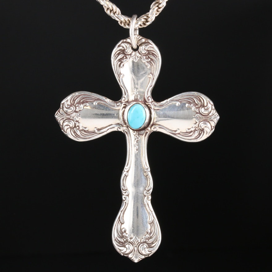 Vintage Towle "Old Master" Sterling Silver Turquoise Cross Pendant Necklace