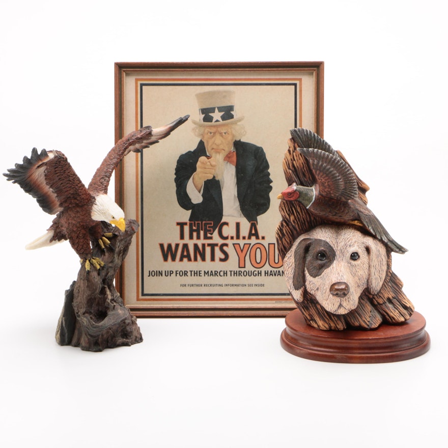 Ceramic Hunting Dog Bust, Resin Bald Eagle Figurine, and Esquire Uncle Sam Cover