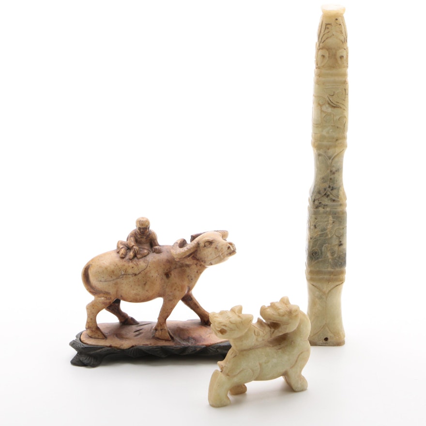 East Asian Carved Serpentine Obelisk and Lions with Soapstone Buffalo Carving