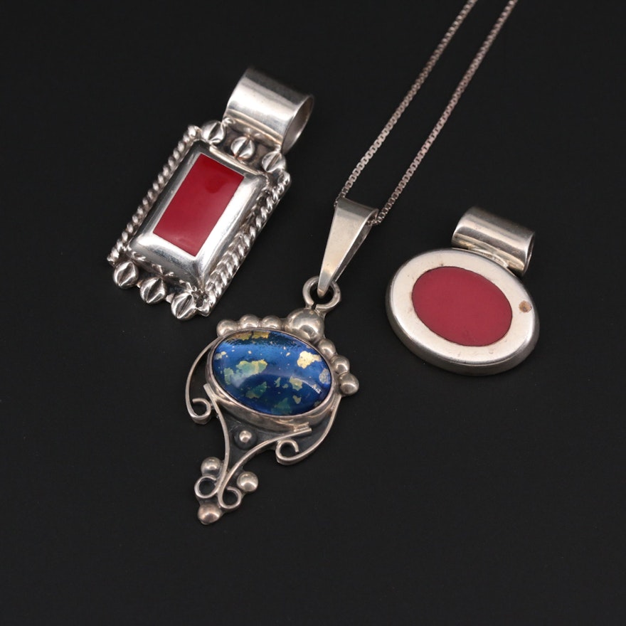 Mexican Sterling Silver Coral and Glass Necklace and Pendants
