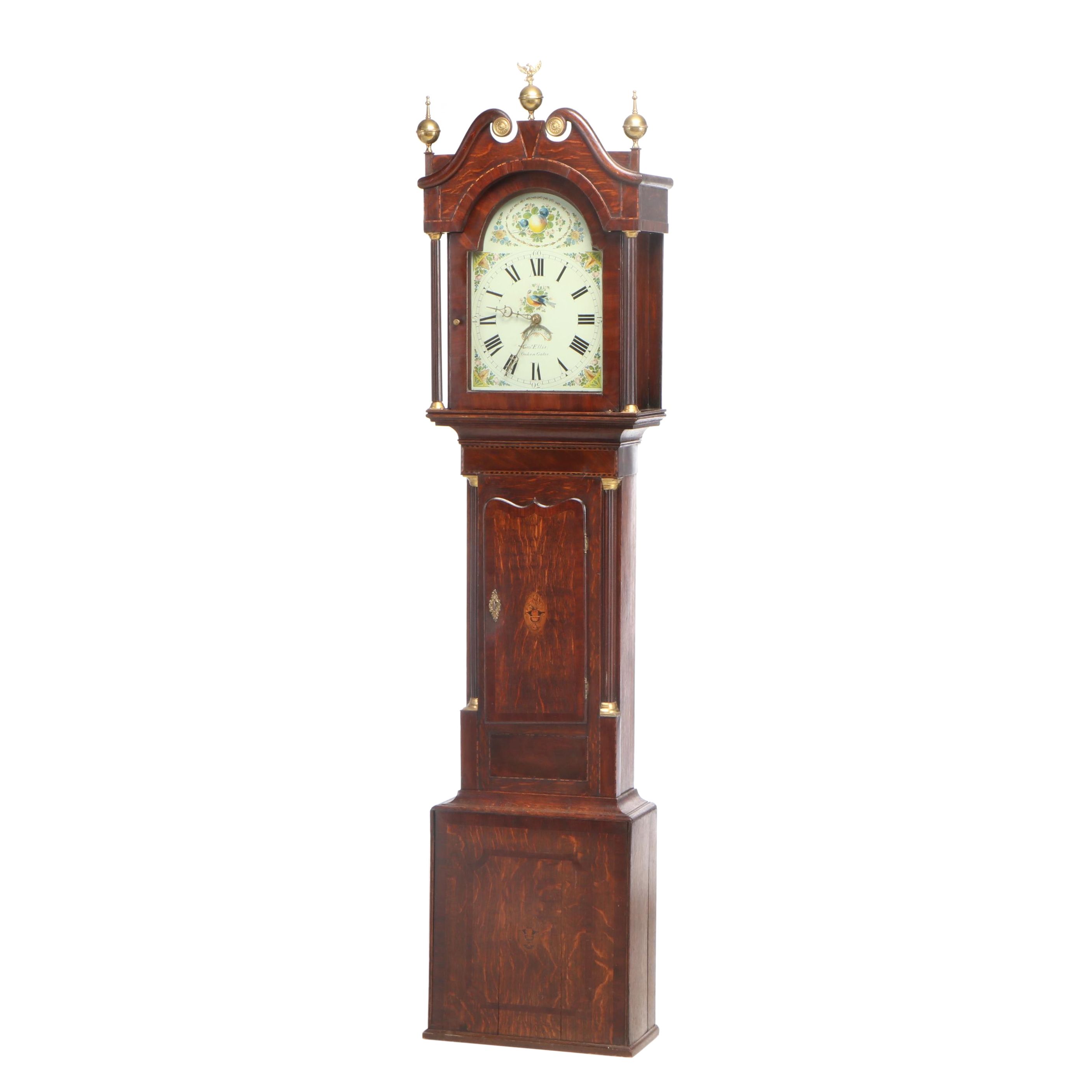 George Ellis, Mahogany-Crossbanded Oak and Marquetry Longcase Clock, circa 1840