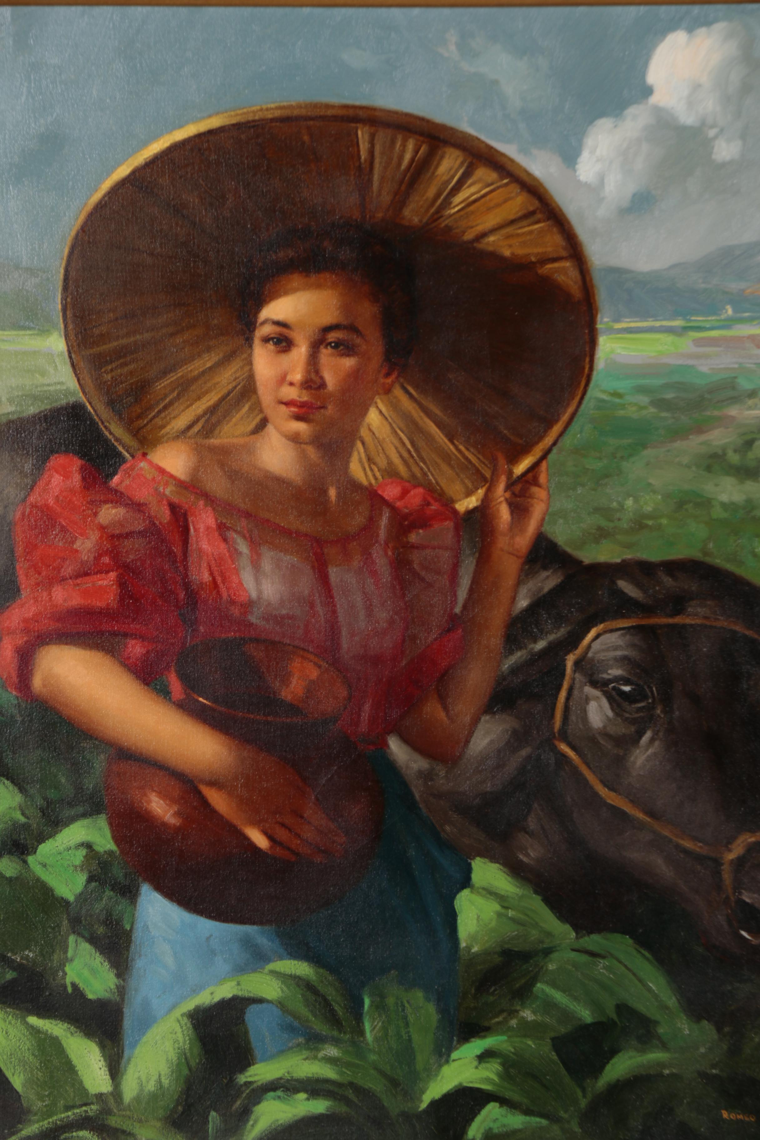 Romeo Enriquez Oil Painting of Woman with Cow, Mid 20th Century