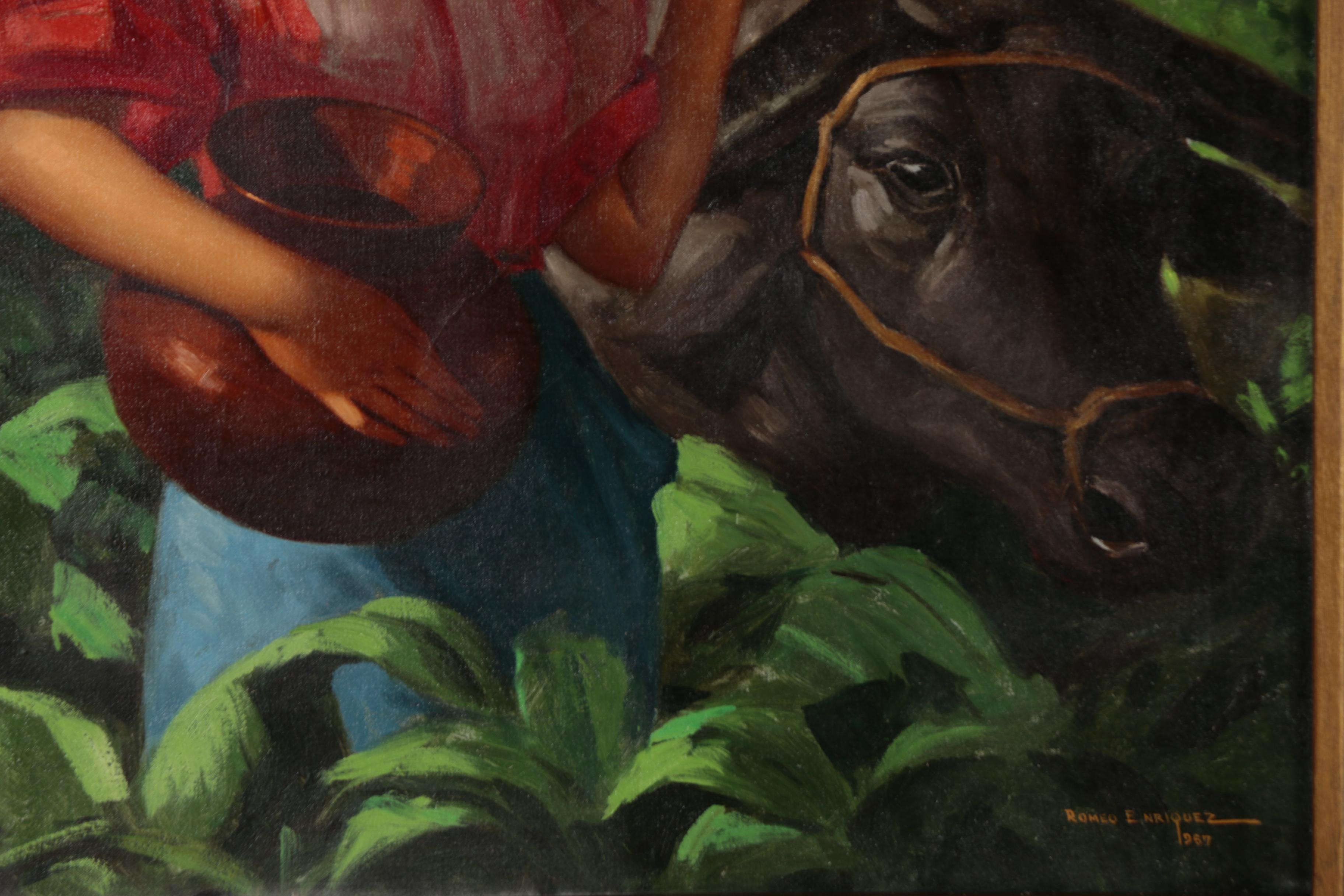 Romeo Enriquez Oil Painting of Woman with Cow, Mid 20th Century