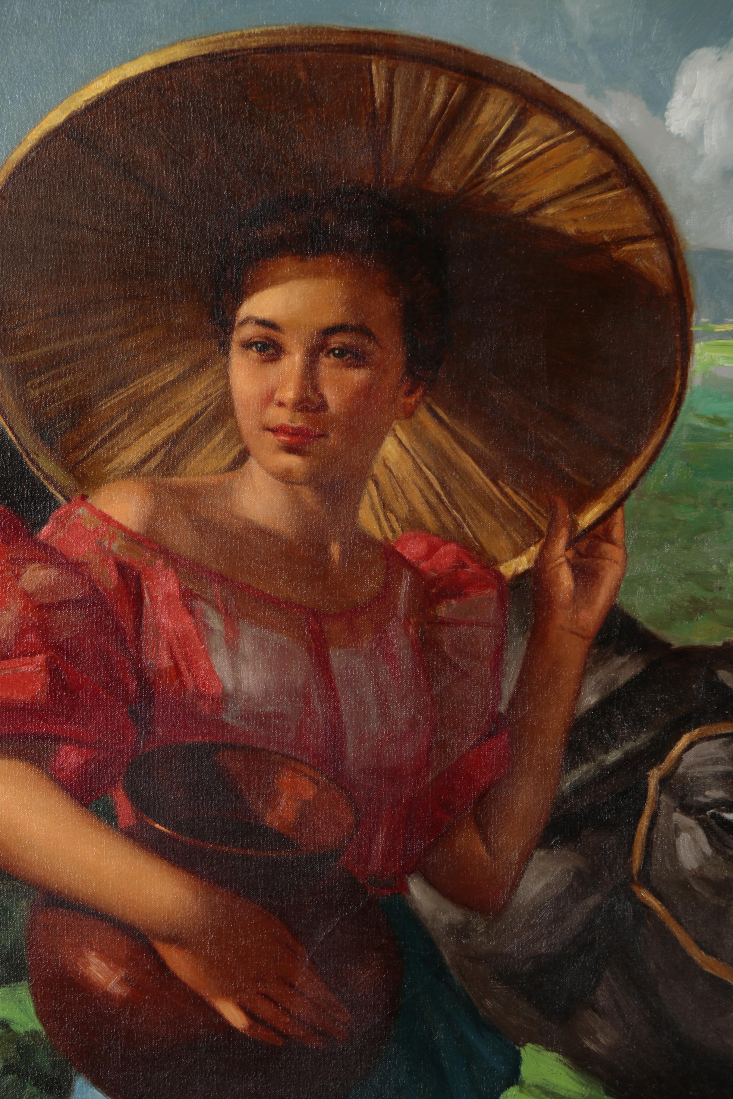 Romeo Enriquez Oil Painting of Woman with Cow, Mid 20th Century