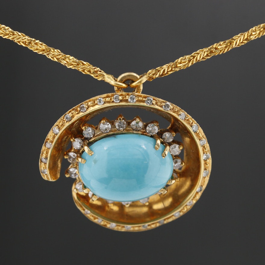 18K Yellow Gold Turquoise and Diamond Necklace