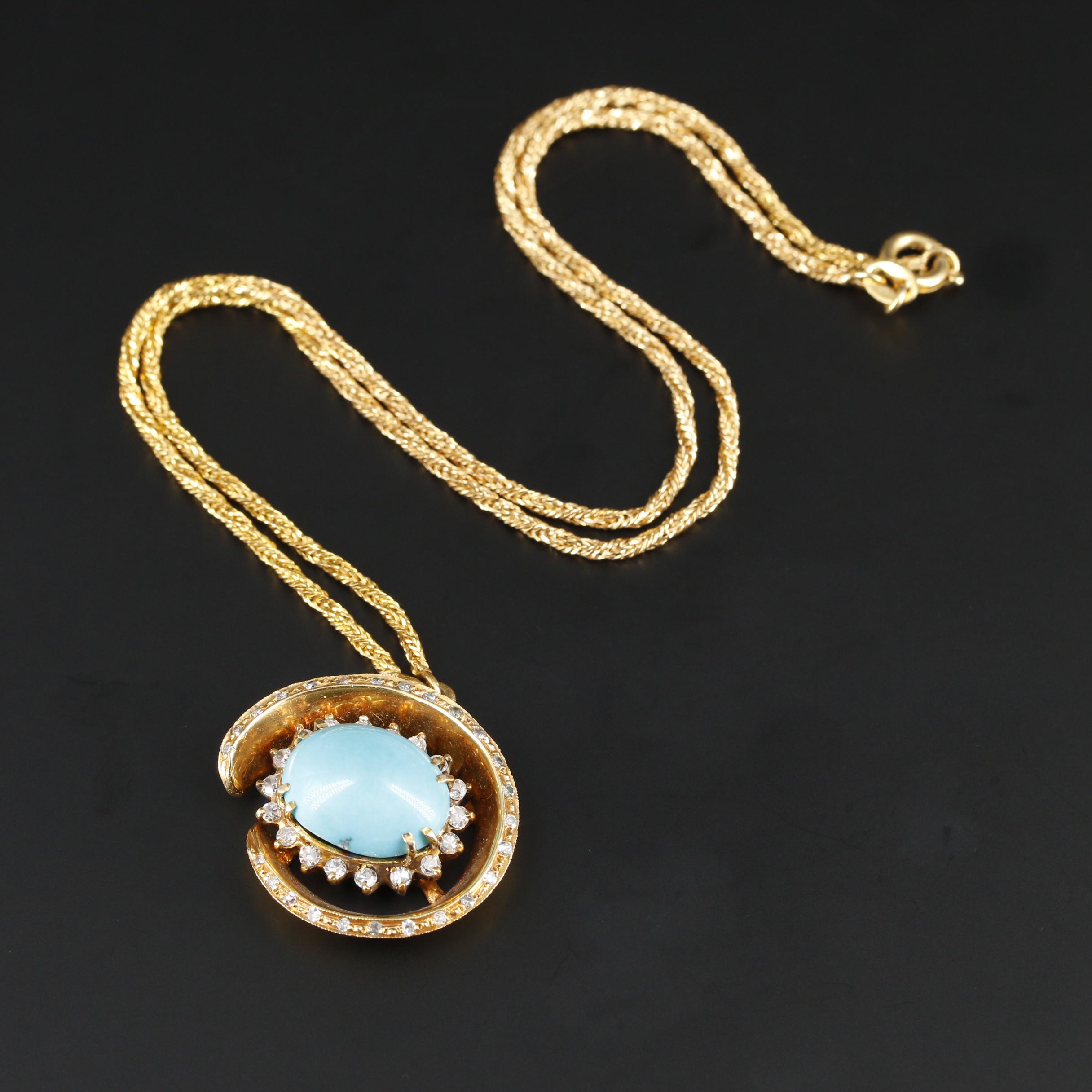 18K Yellow Gold Turquoise and Diamond Necklace