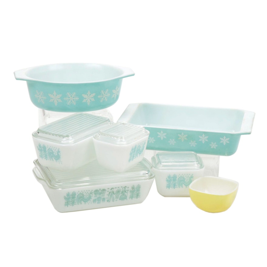 Pyrex Glass Bakeware Including "Butterprint" and "Snowflake", Mid-20th Century