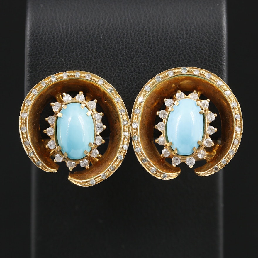 1960s 18K Yellow Gold Turquoise and Diamond Earrings