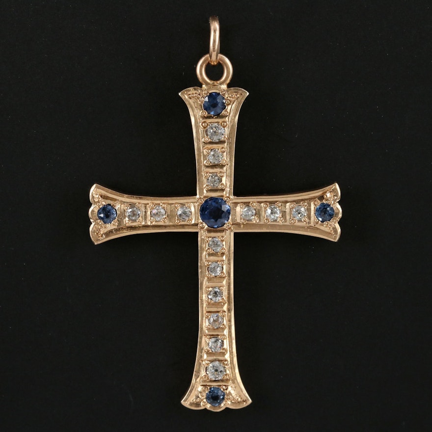 Edwardian 14K Yellow Gold Blue Sapphire and Diamond Cross Pendant