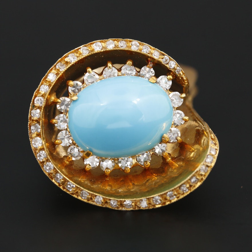 1960s 18K Yellow Gold Turquoise and Diamond Ring