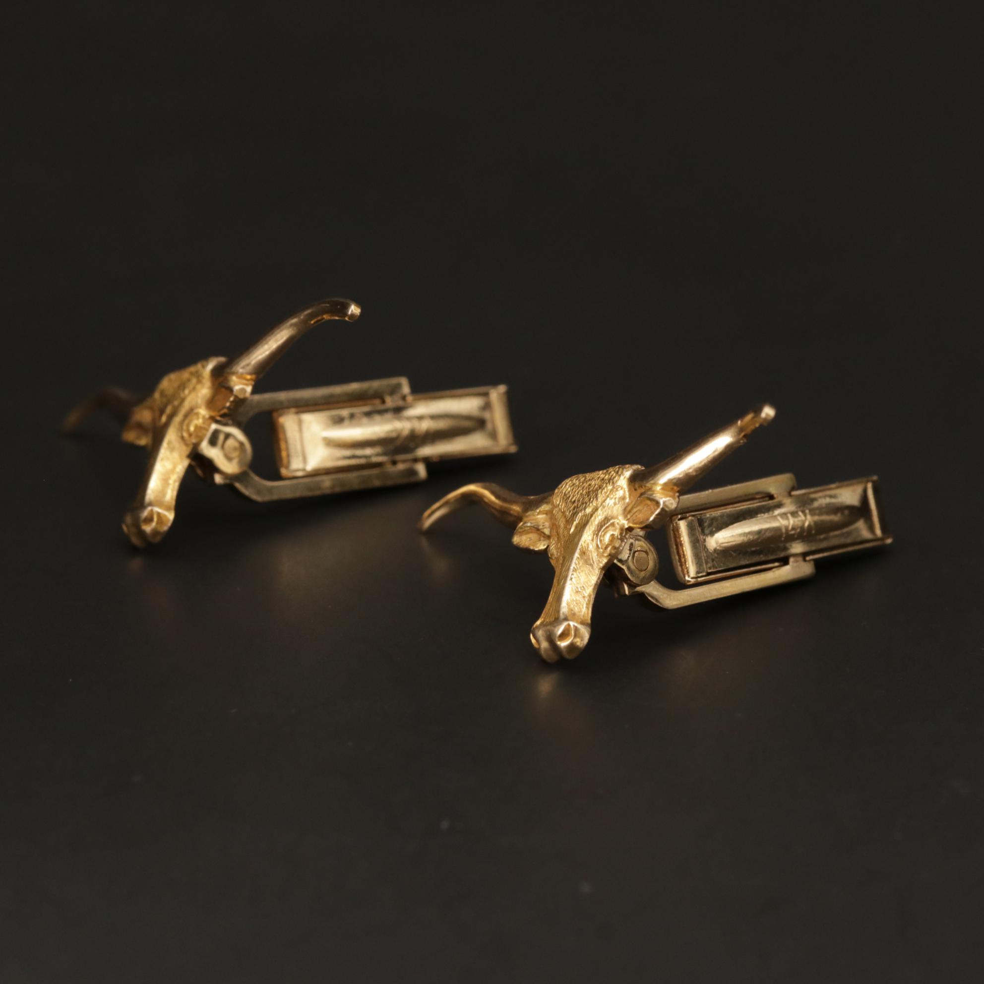 Vintage 14K Yellow Gold Longhorn Steer Cufflinks