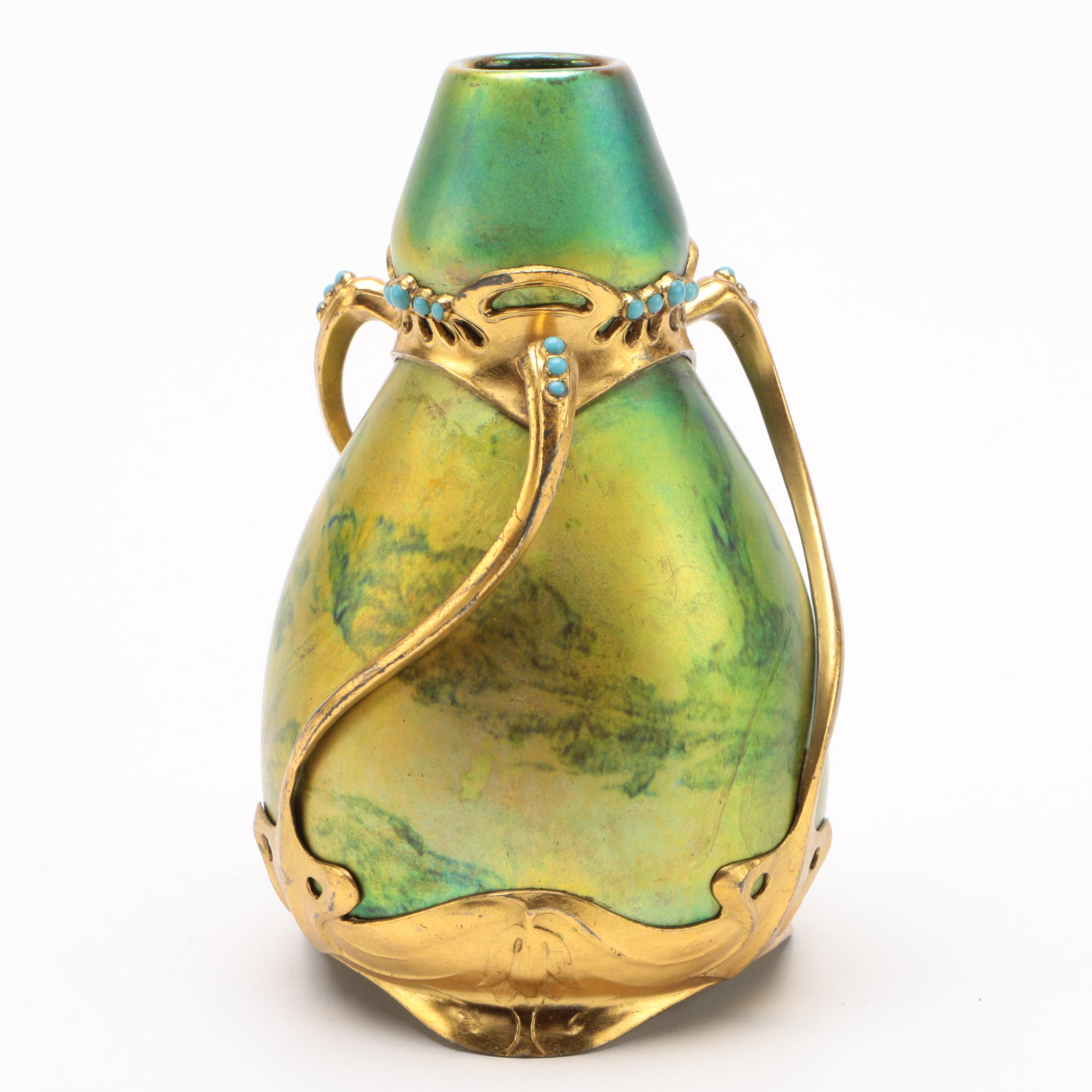 Art Nouveau Osiris Gilt Pewter Mounted Zsolsnay Porcelain Bud Vase, circa 1900