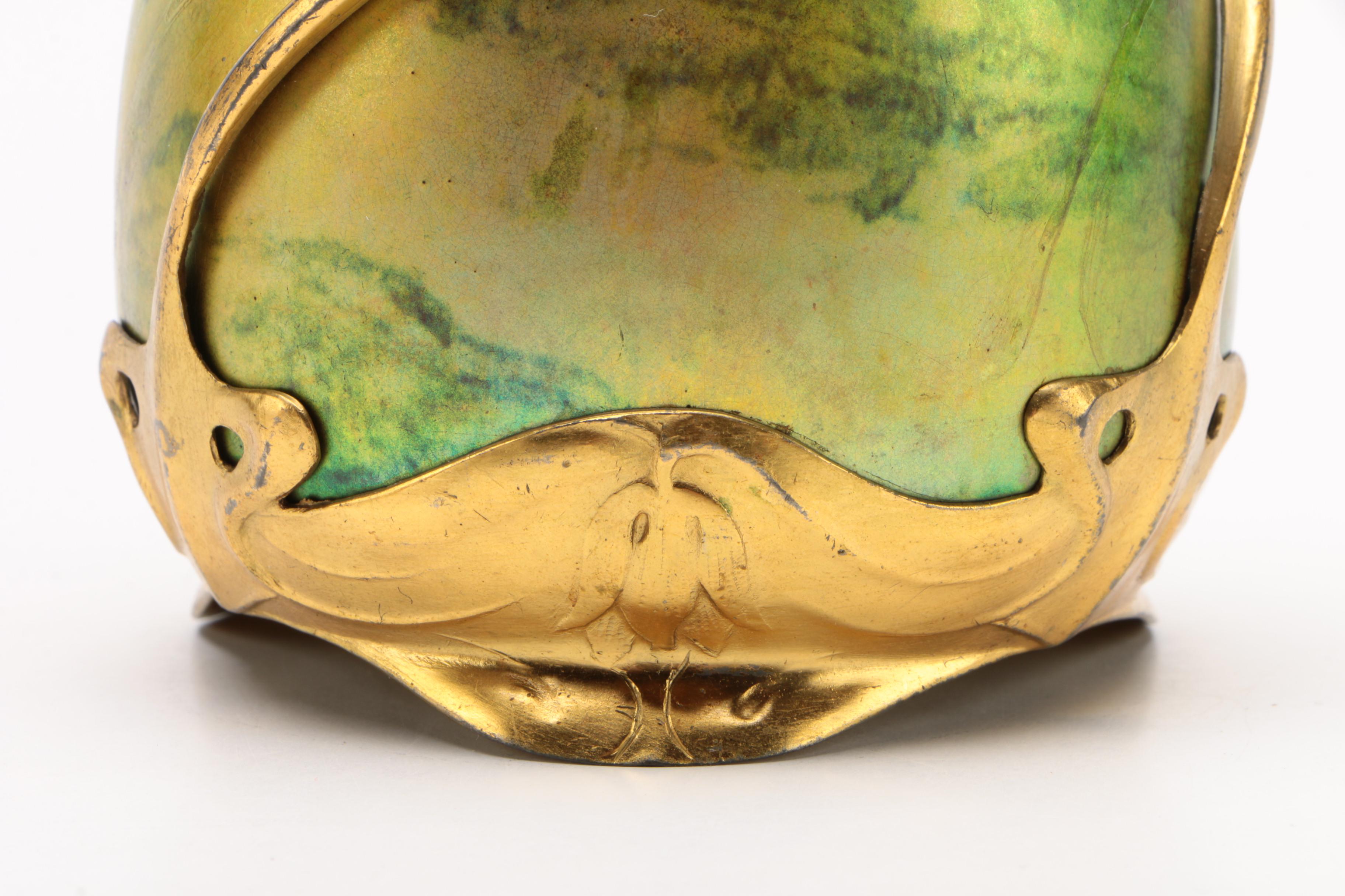 Art Nouveau Osiris Gilt Pewter Mounted Zsolsnay Porcelain Bud Vase, circa 1900