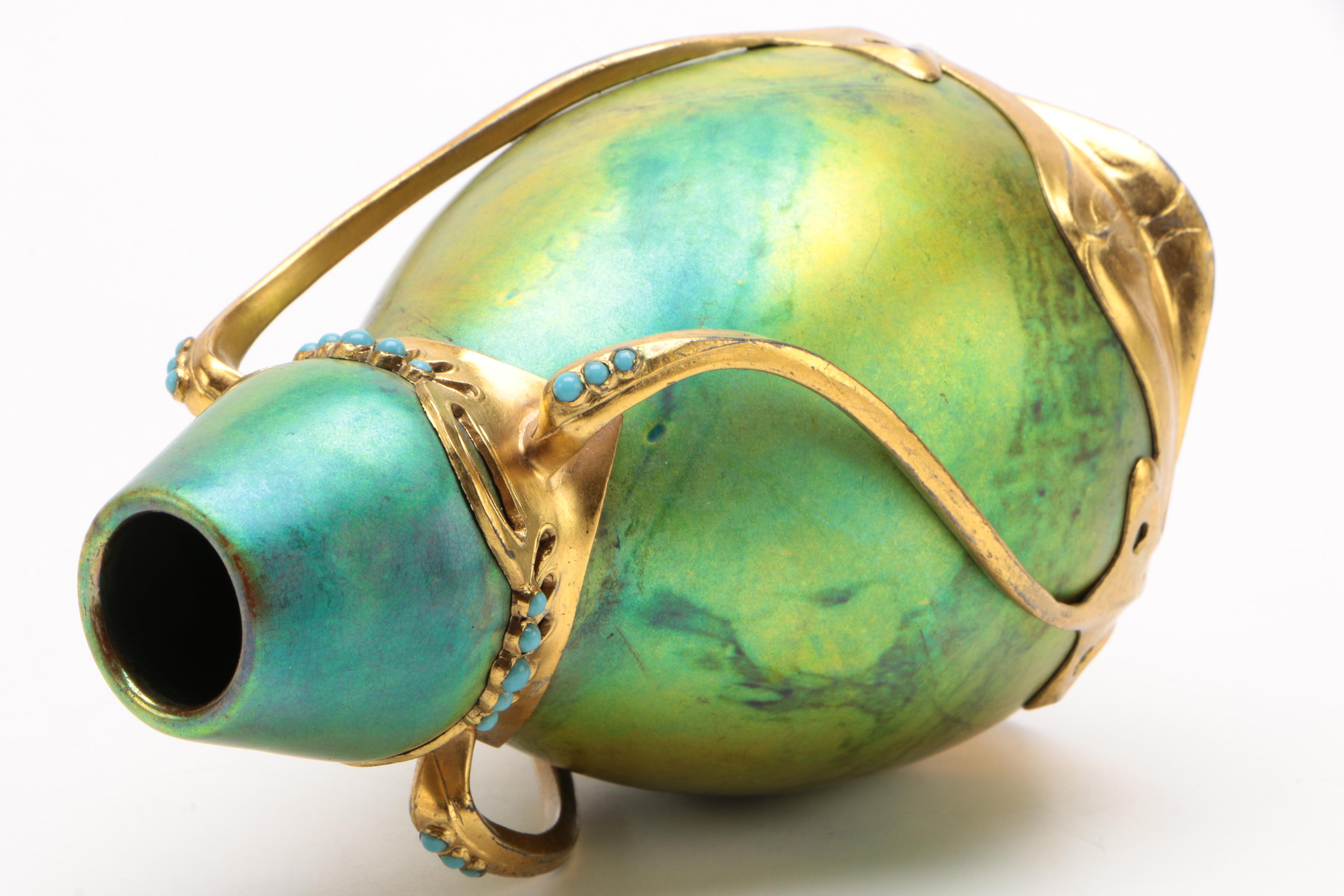 Art Nouveau Osiris Gilt Pewter Mounted Zsolsnay Porcelain Bud Vase, circa 1900