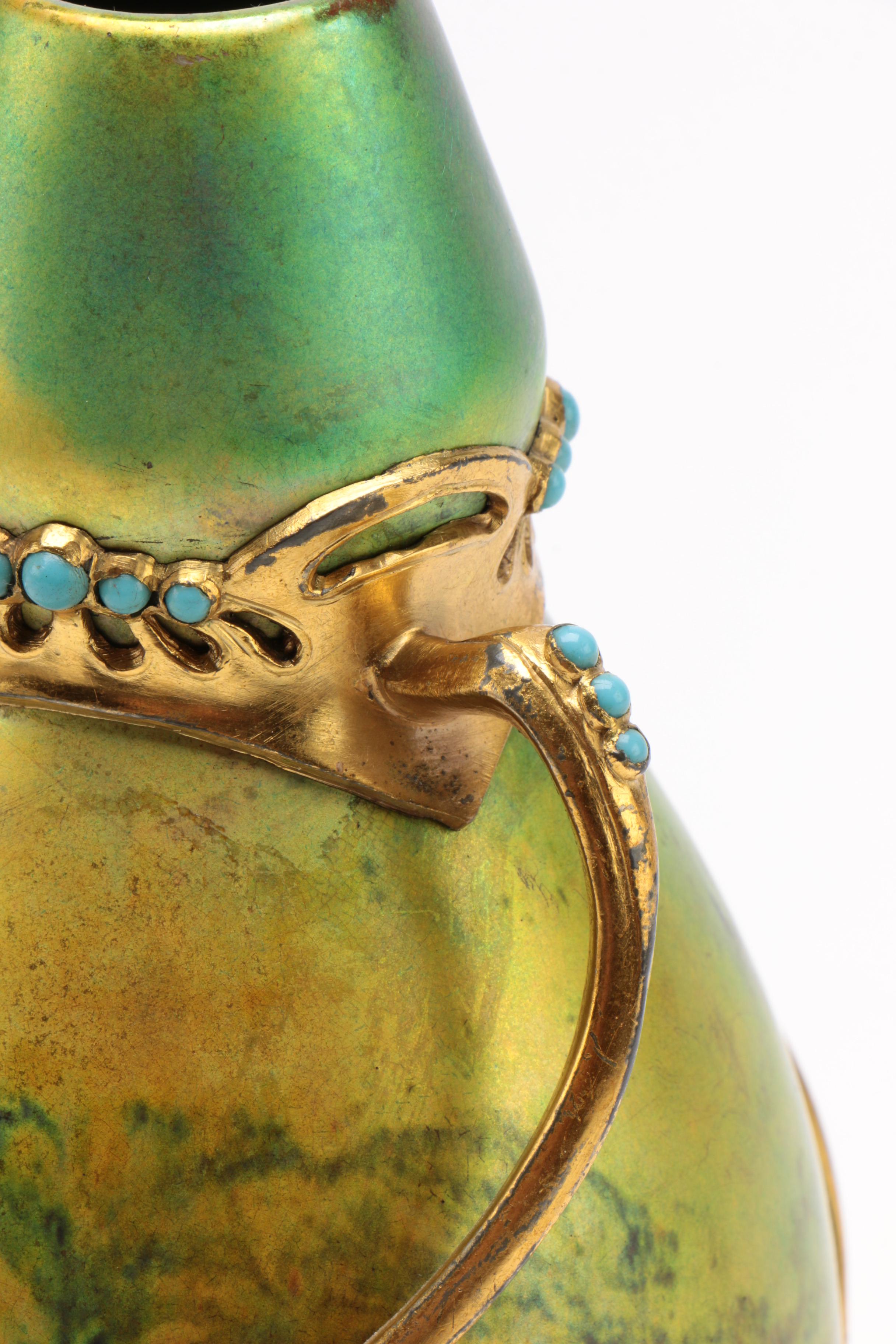 Art Nouveau Osiris Gilt Pewter Mounted Zsolsnay Porcelain Bud Vase, circa 1900