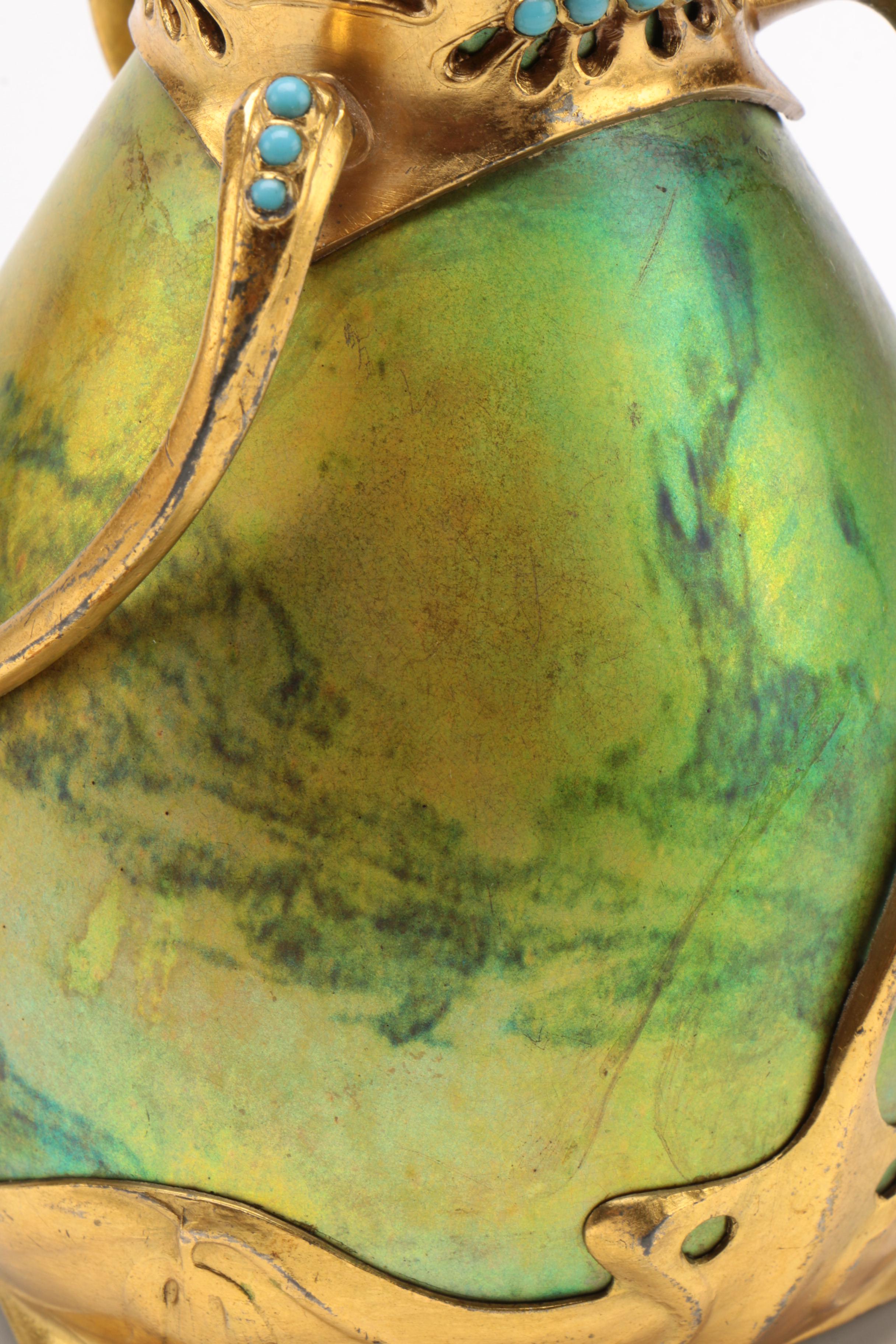 Art Nouveau Osiris Gilt Pewter Mounted Zsolsnay Porcelain Bud Vase, circa 1900