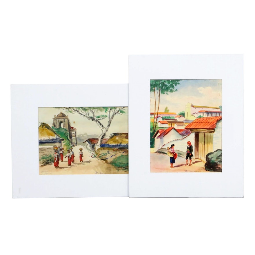 Guatemalan Street Scene Watercolor Paintings, Mid to Late 20th Century