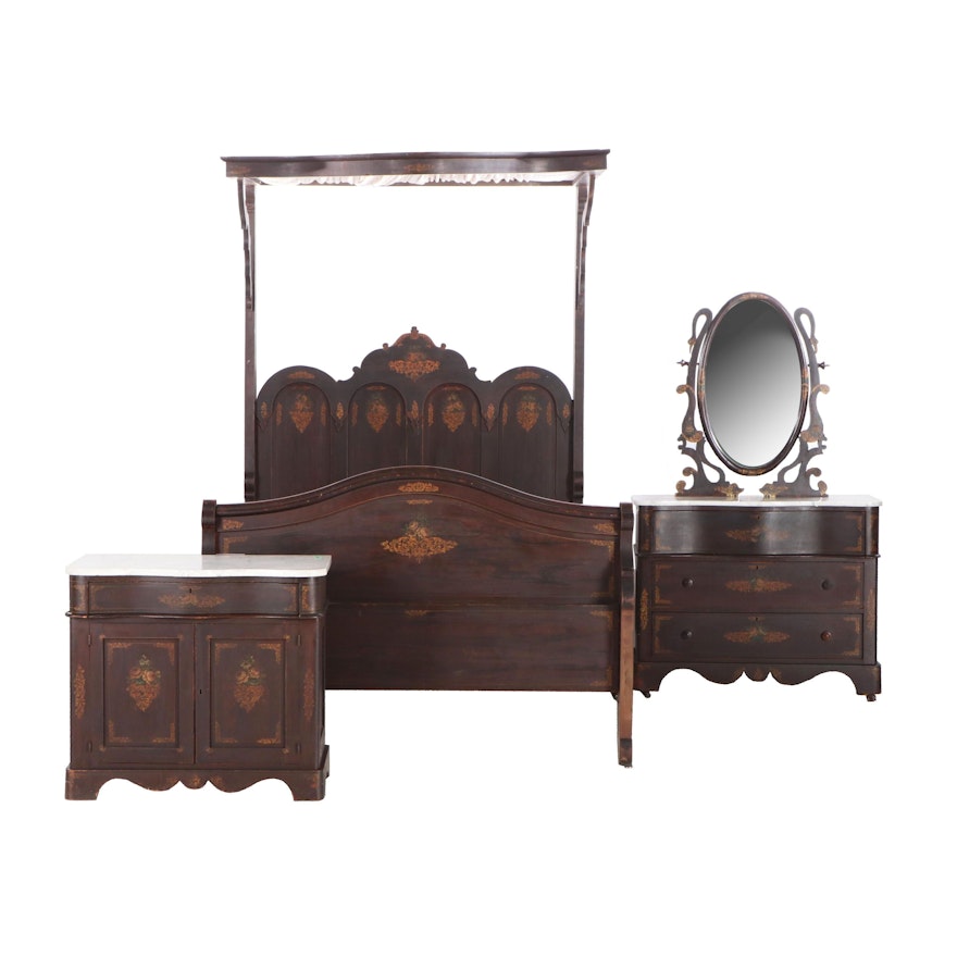 Three-Piece Victorian Rosewood-Grained and Gilt-Stenciled Cottage Bedroom Suite