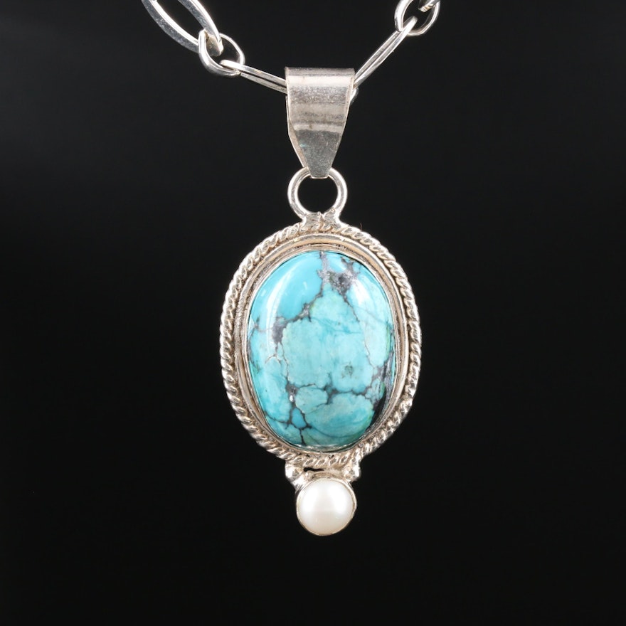 Sterling Silver Turquoise and Cultured Pearl Pendant Necklace