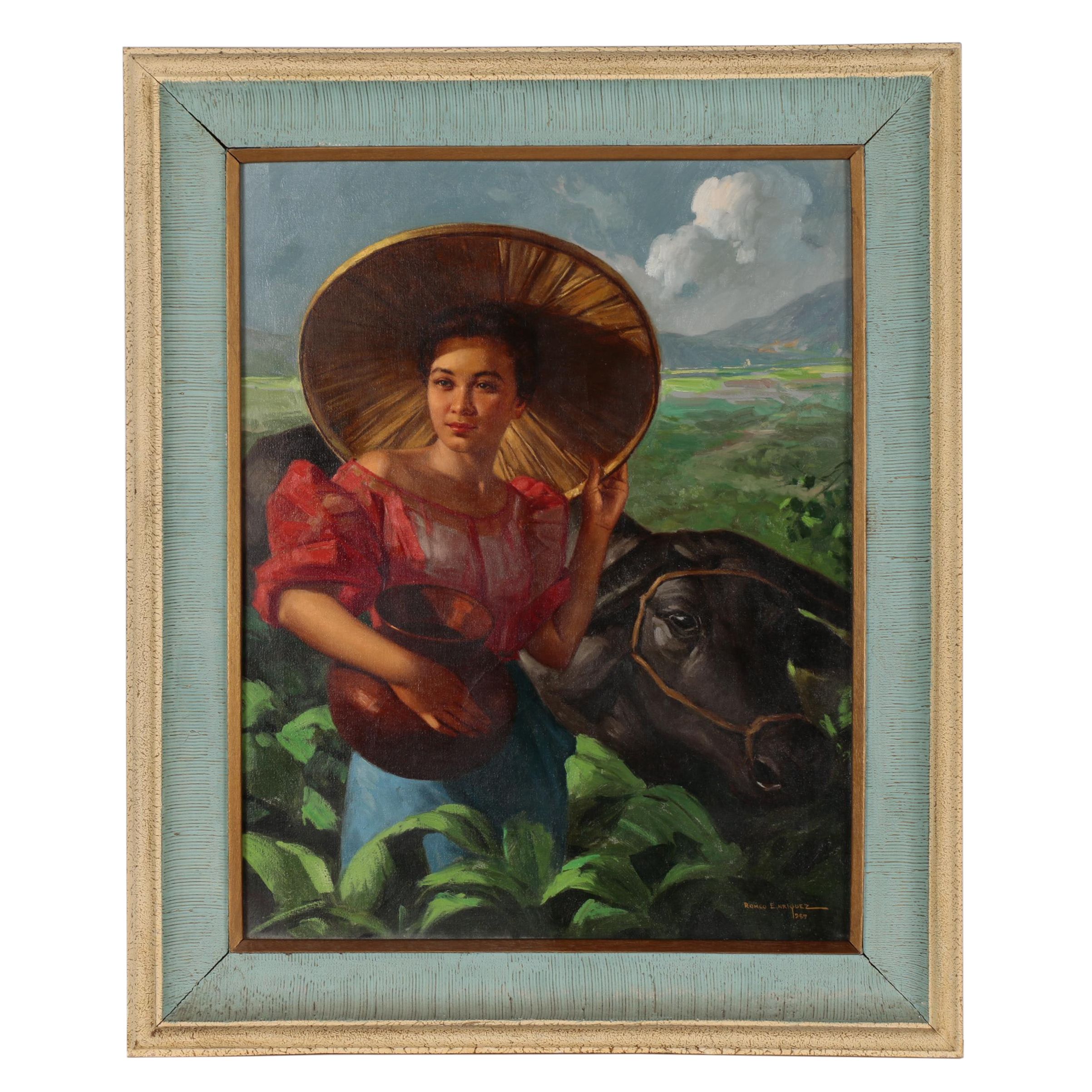 Romeo Enriquez Oil Painting of Woman with Cow, Mid 20th Century