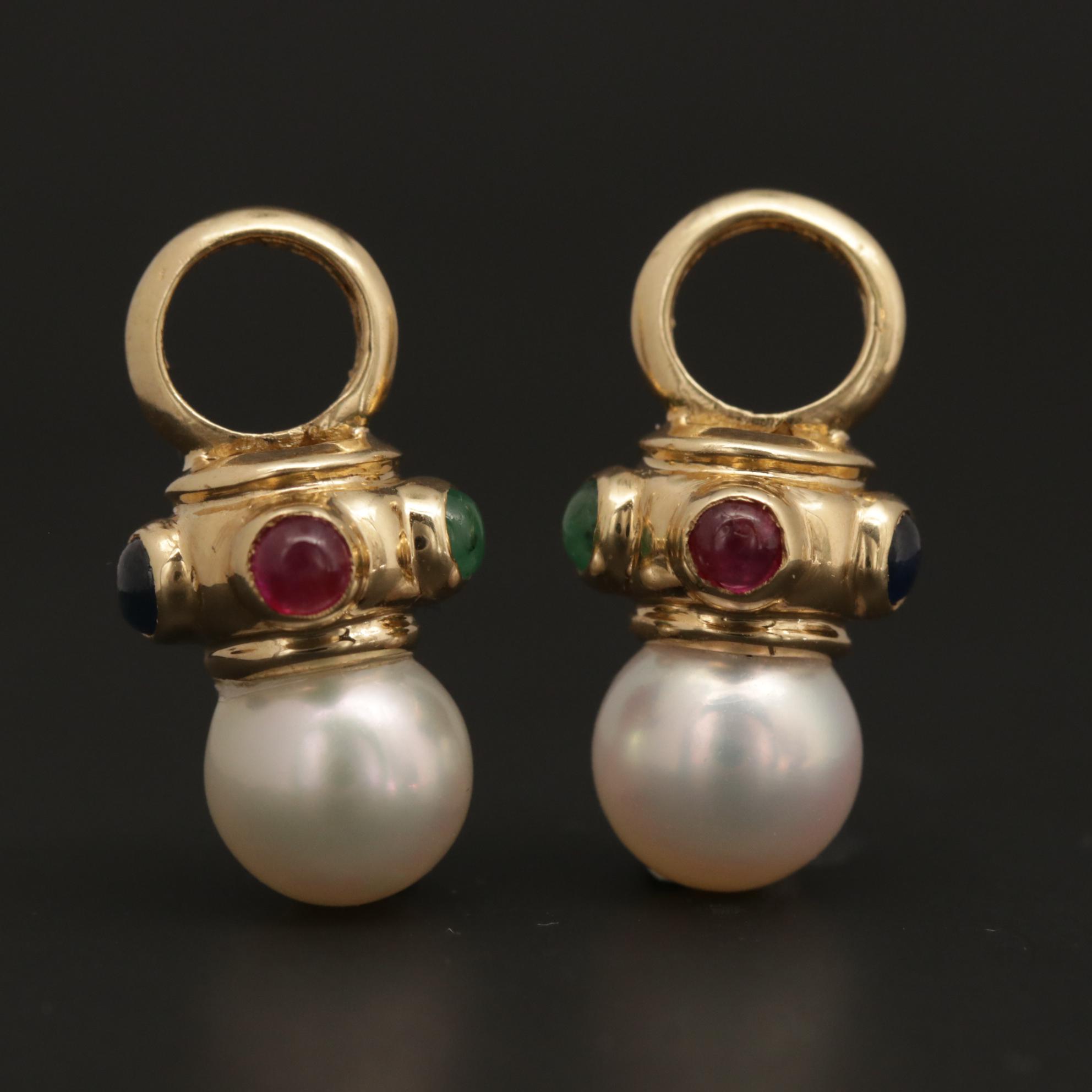 14K Yellow Gold Pearl, Emerald, Ruby and Sapphire Earring Enhancers