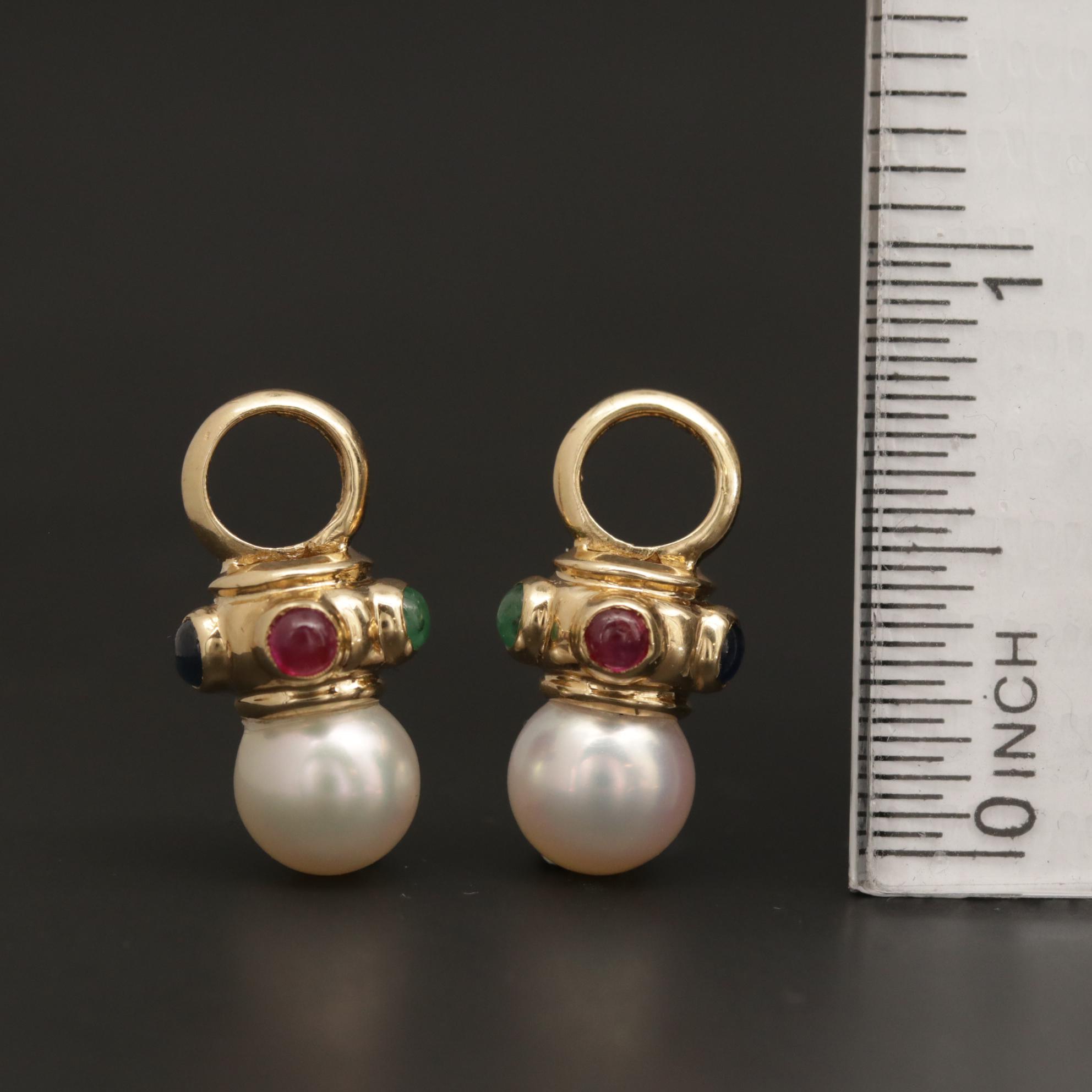 14K Yellow Gold Pearl, Emerald, Ruby and Sapphire Earring Enhancers