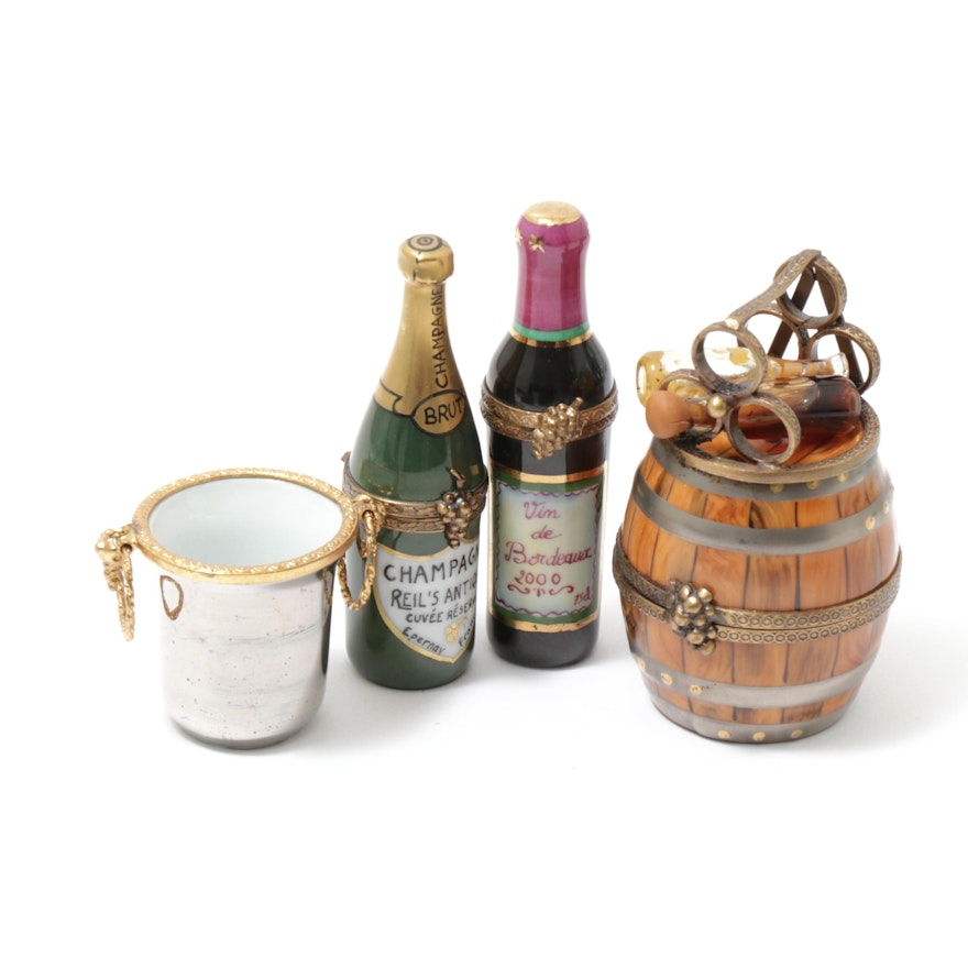 Pierre Arquie and Other Hand-Painted Champagne and Wine Porcelain Limoges Boxes