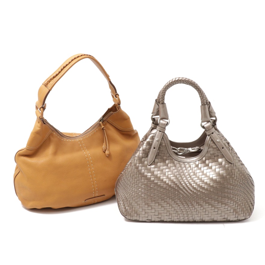 Cole Haan Genevieve Metallic Woven Hobo and Camel Pebbled Leather Hobo Bags