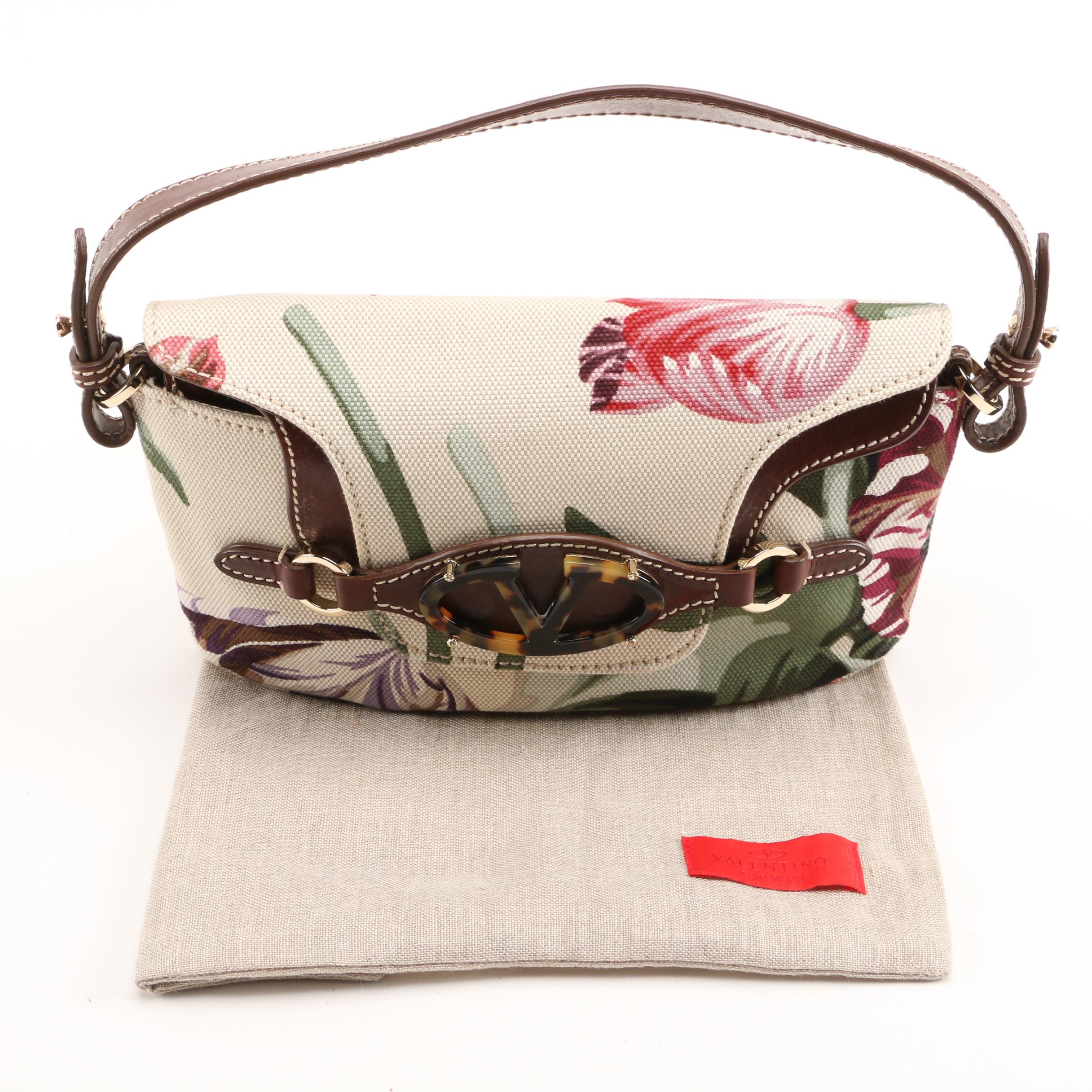 Valentino Garavani Floral Canvas and Brown Leather Baguette