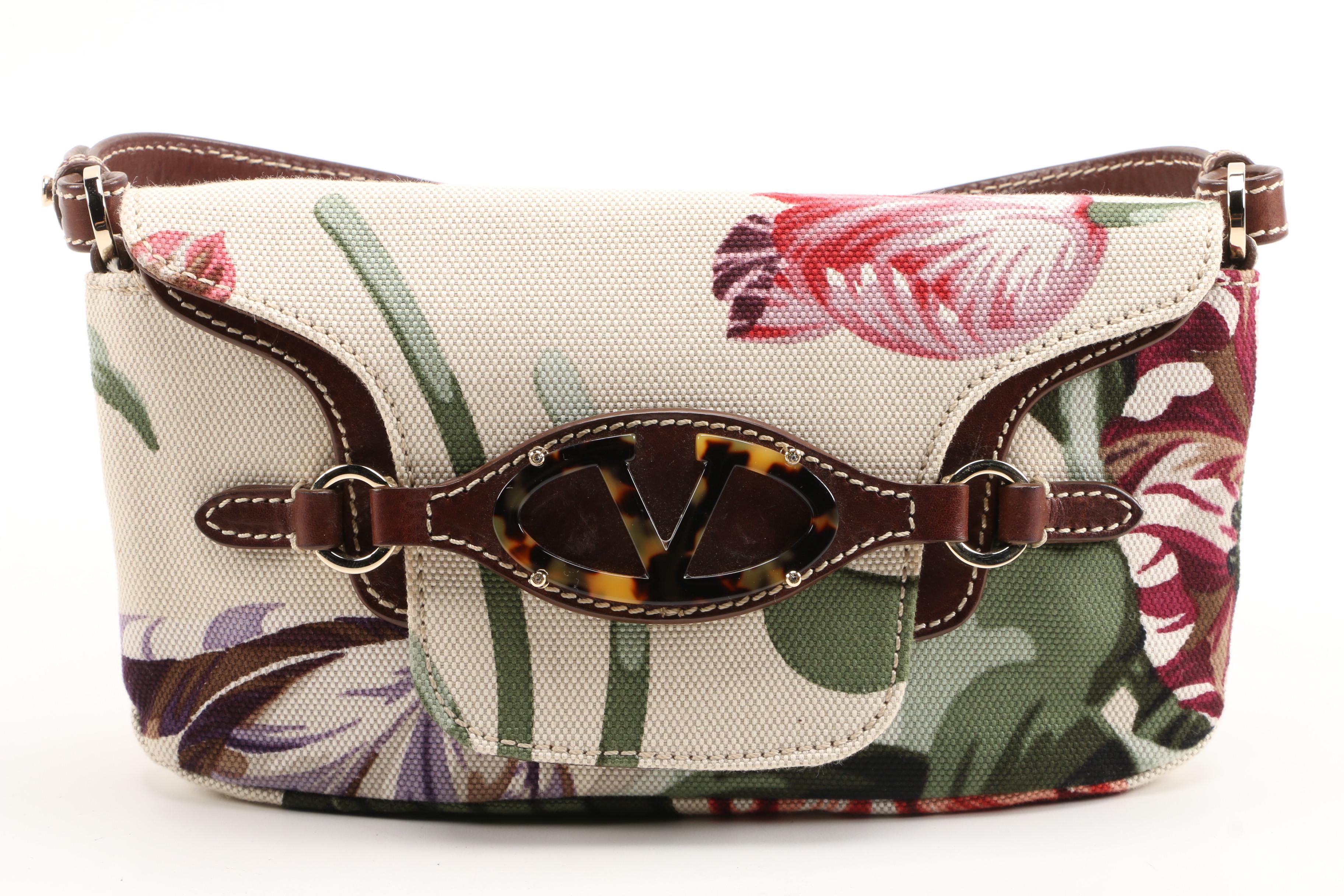 Valentino Garavani Floral Canvas and Brown Leather Baguette