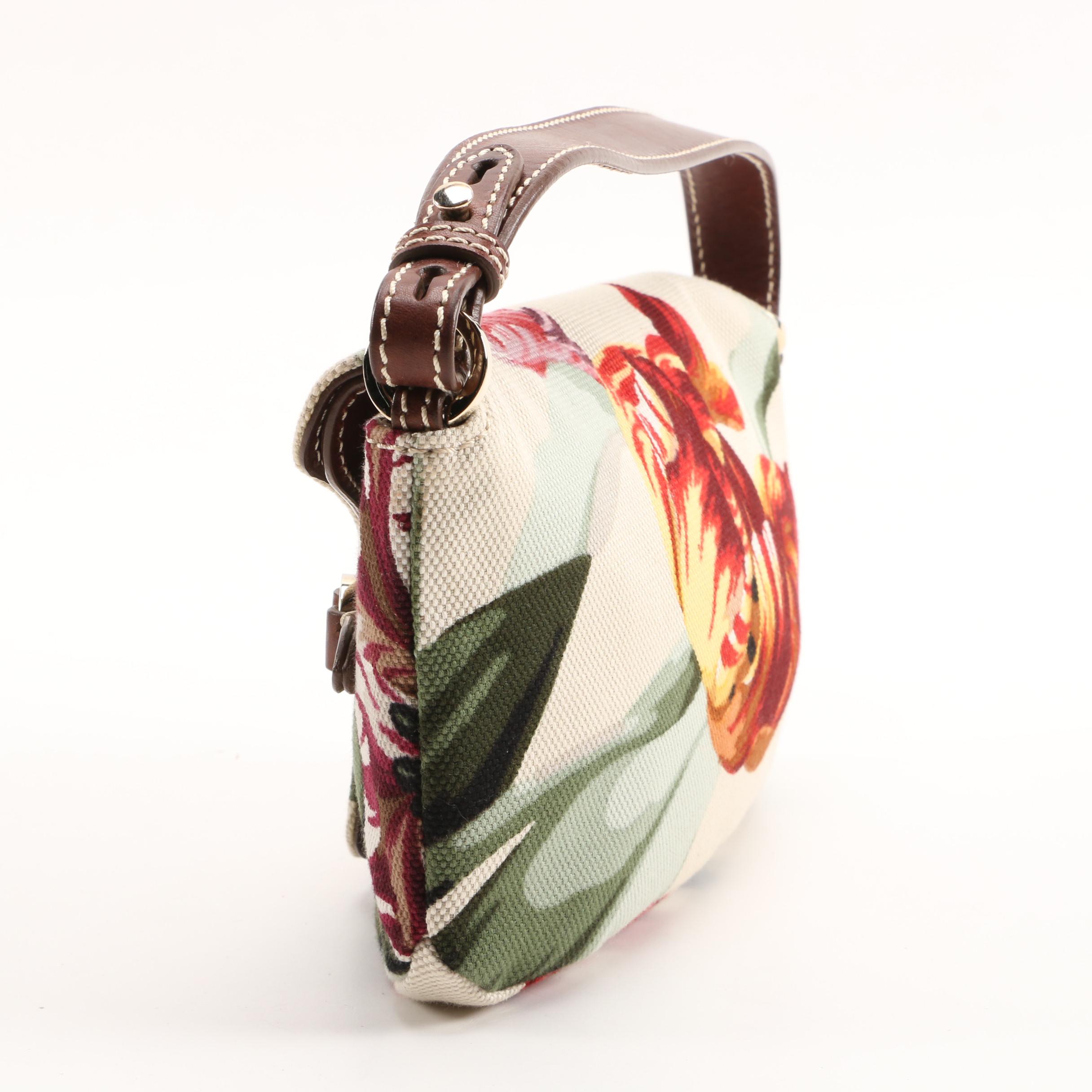 Valentino Garavani Floral Canvas and Brown Leather Baguette