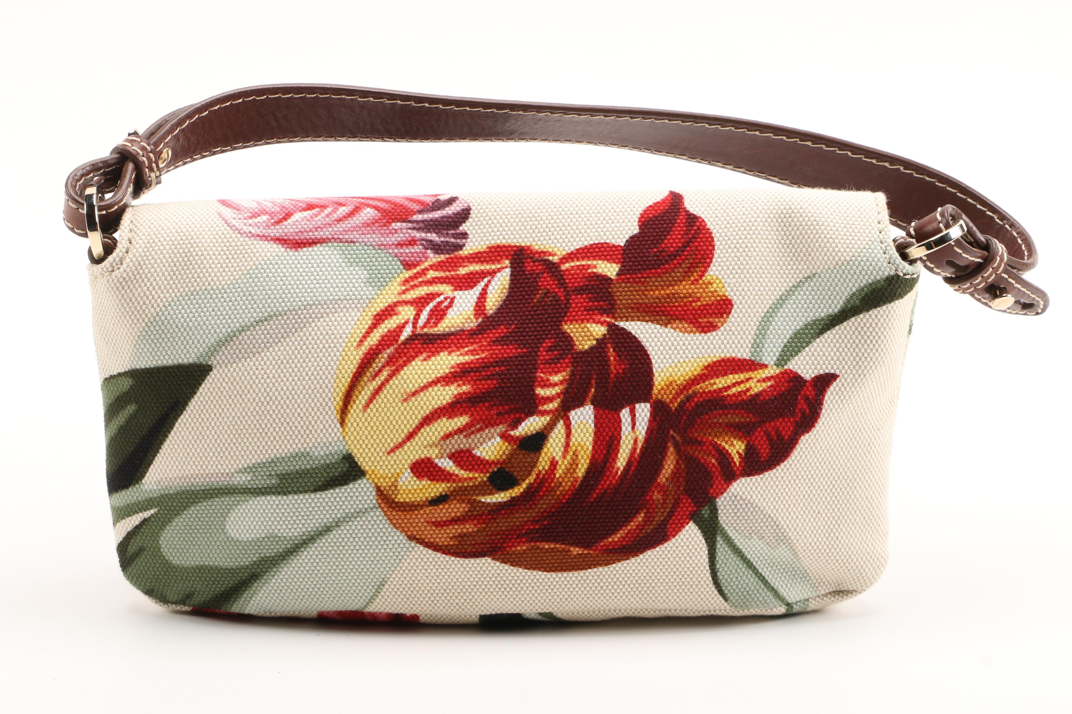 Valentino Garavani Floral Canvas and Brown Leather Baguette