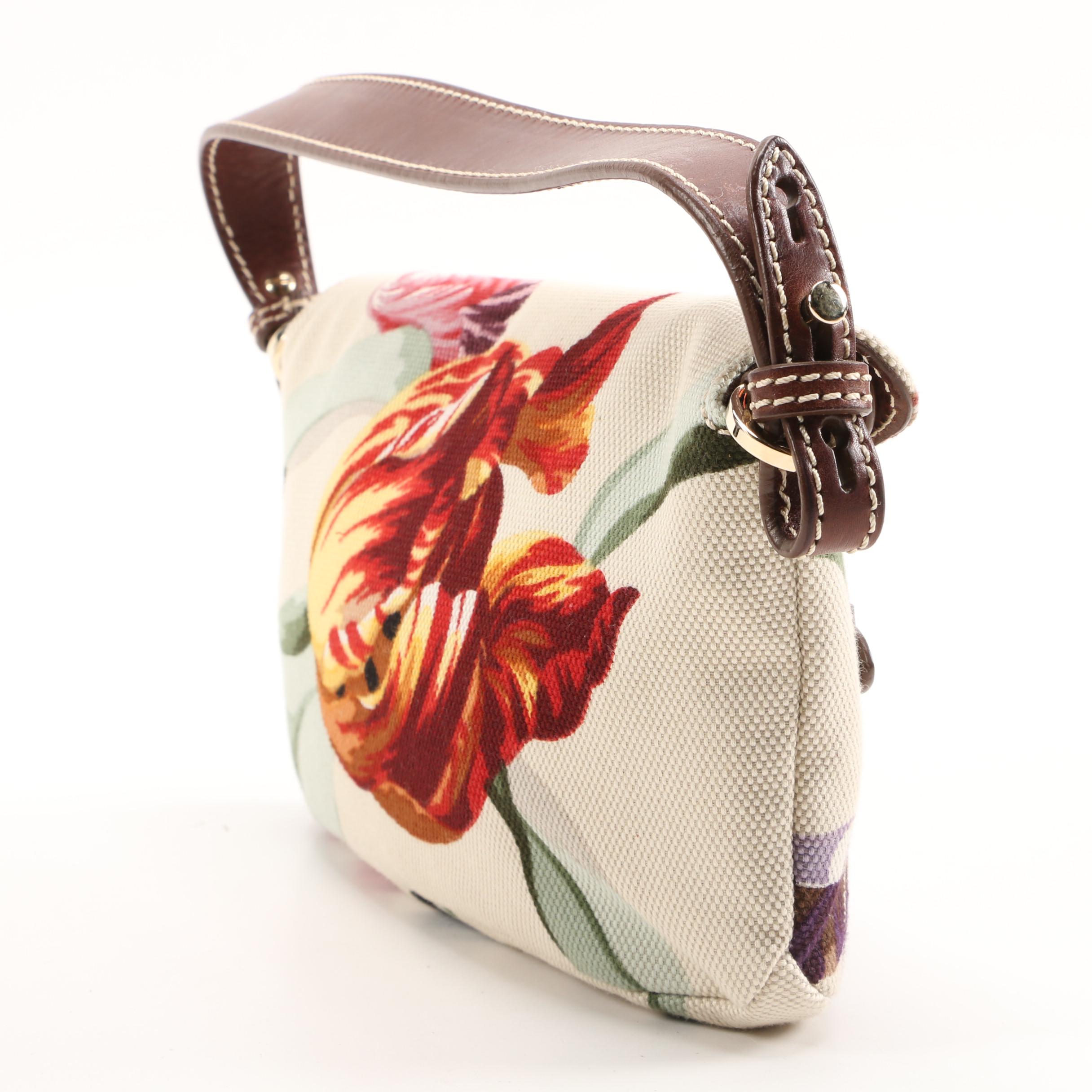 Valentino Garavani Floral Canvas and Brown Leather Baguette