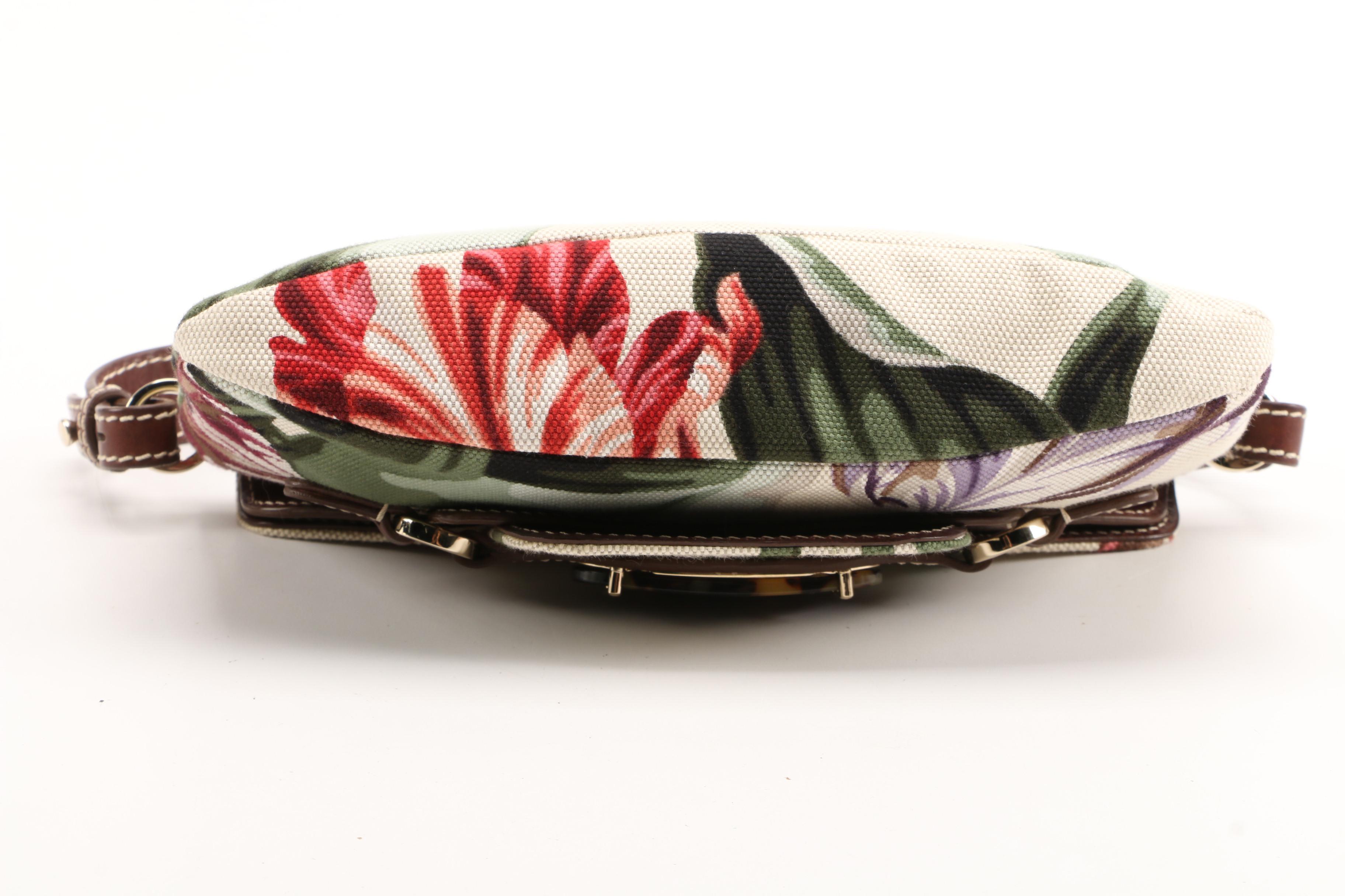 Valentino Garavani Floral Canvas and Brown Leather Baguette