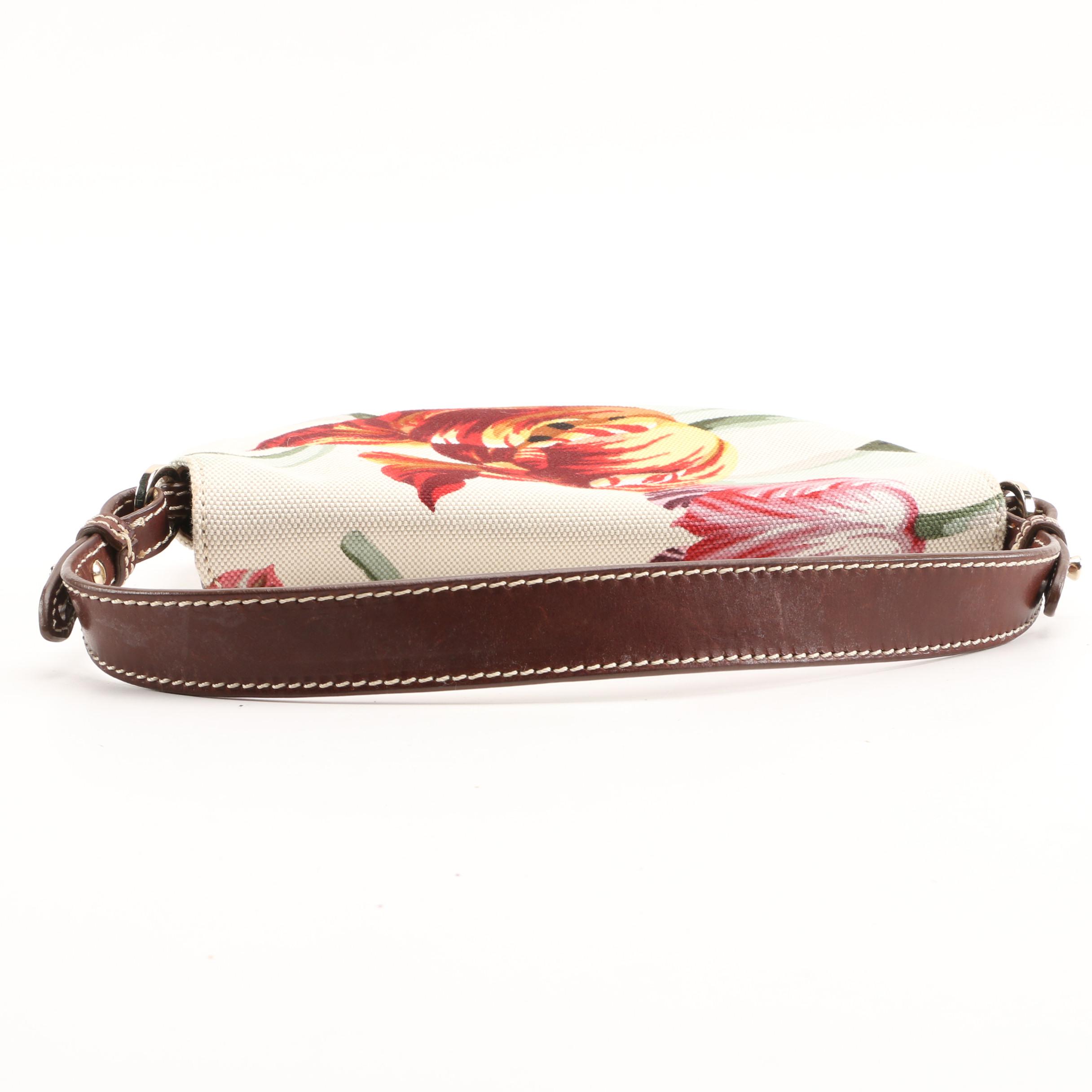 Valentino Garavani Floral Canvas and Brown Leather Baguette